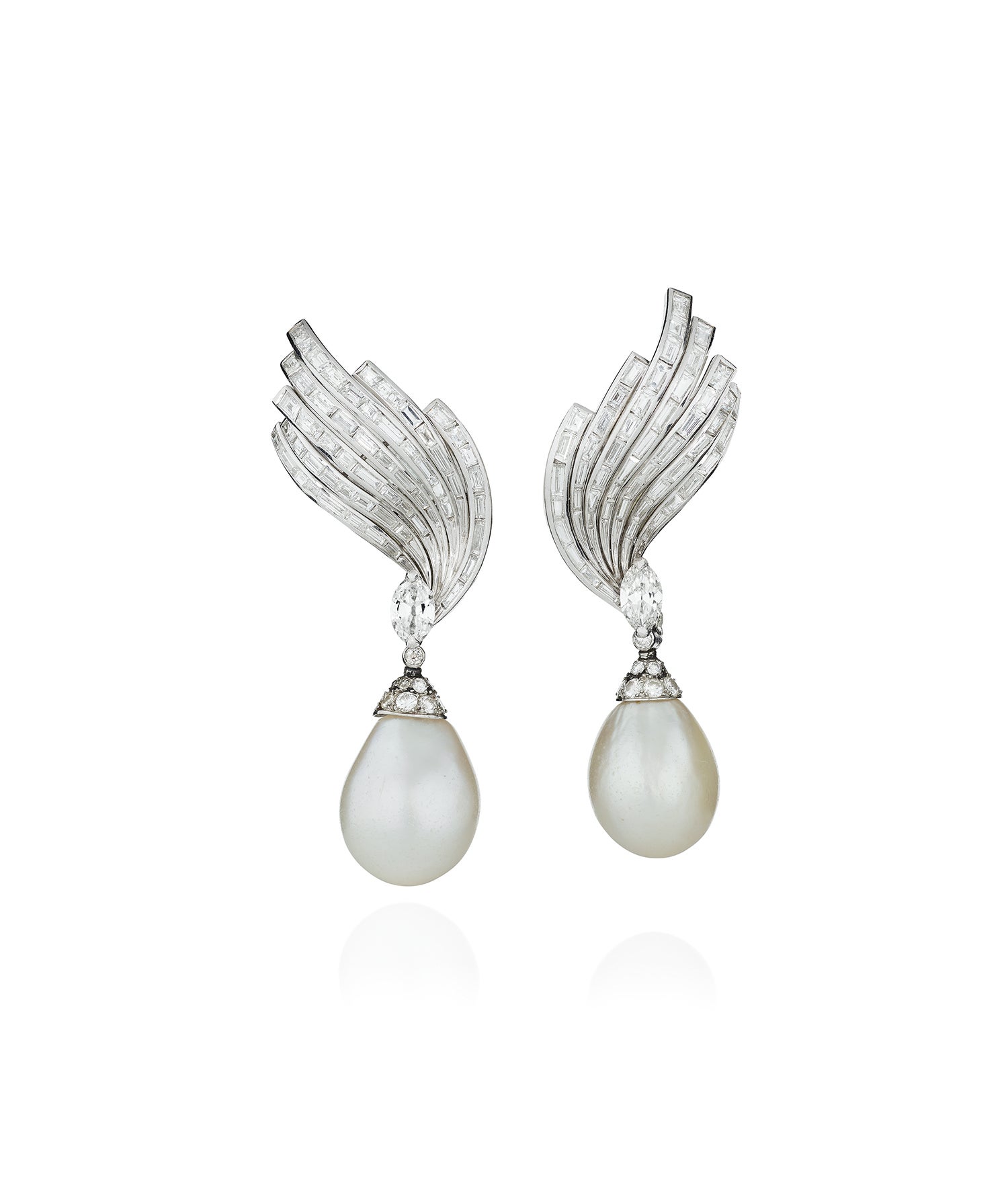 Pair of natural pearl and diamond ear clips, 1960s