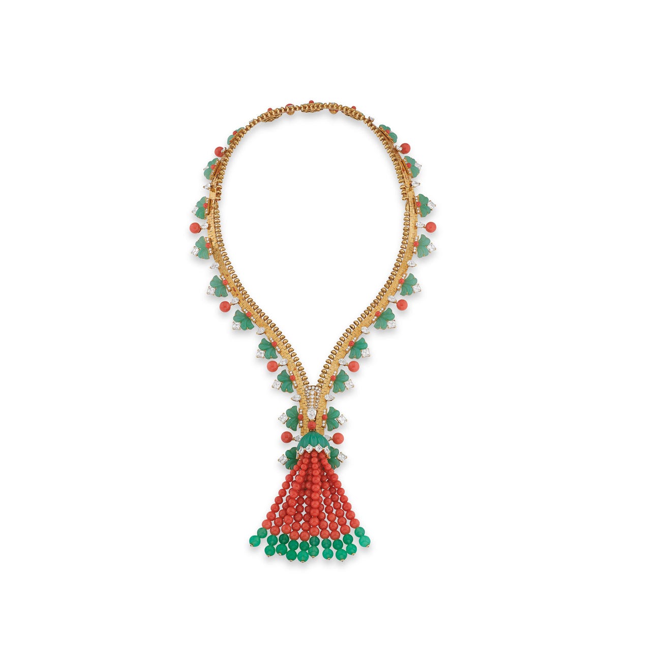 <p><strong>VAN CLEEF & ARPELS</strong> <em>Coral, chrysoprase and diamond necklace/bracelet combination, 'Zip', </em>CHF260,000–480,000</p>
