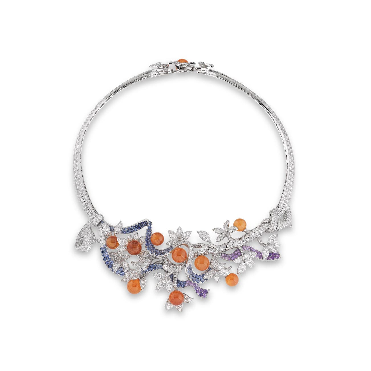 <p><strong>VAN CLEEF &amp; ARPELS</strong> <em>Sapphire, coloured sapphire, garnet and diamond necklace, 'Les Jardins',&nbsp;</em>CHF95,000&ndash;190,000</p>
