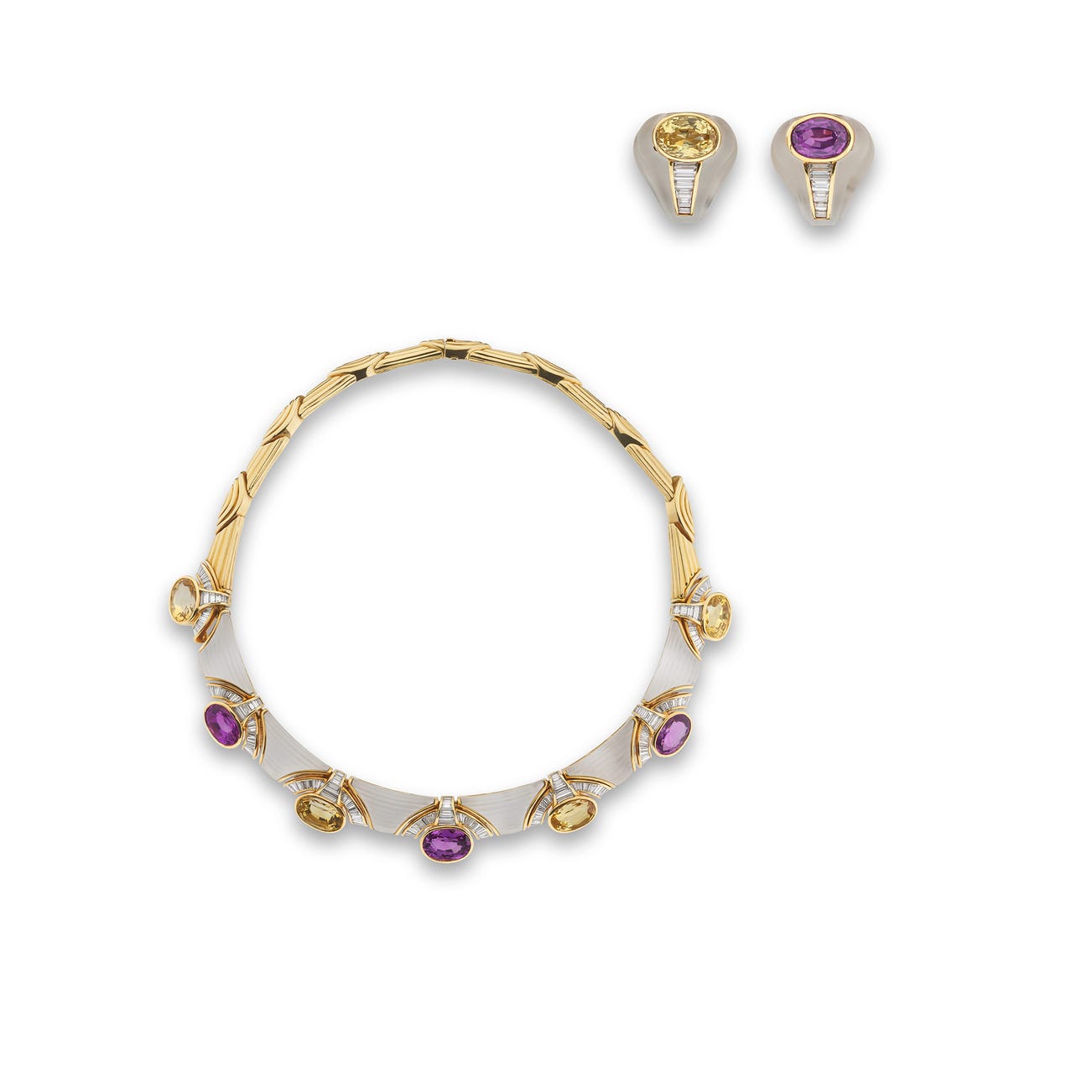 <p><strong>BULGARI</strong> <em>Coloured sapphire, rock crystal and diamond demi-parure,</em> CHF95,000&ndash;140,000</p>
