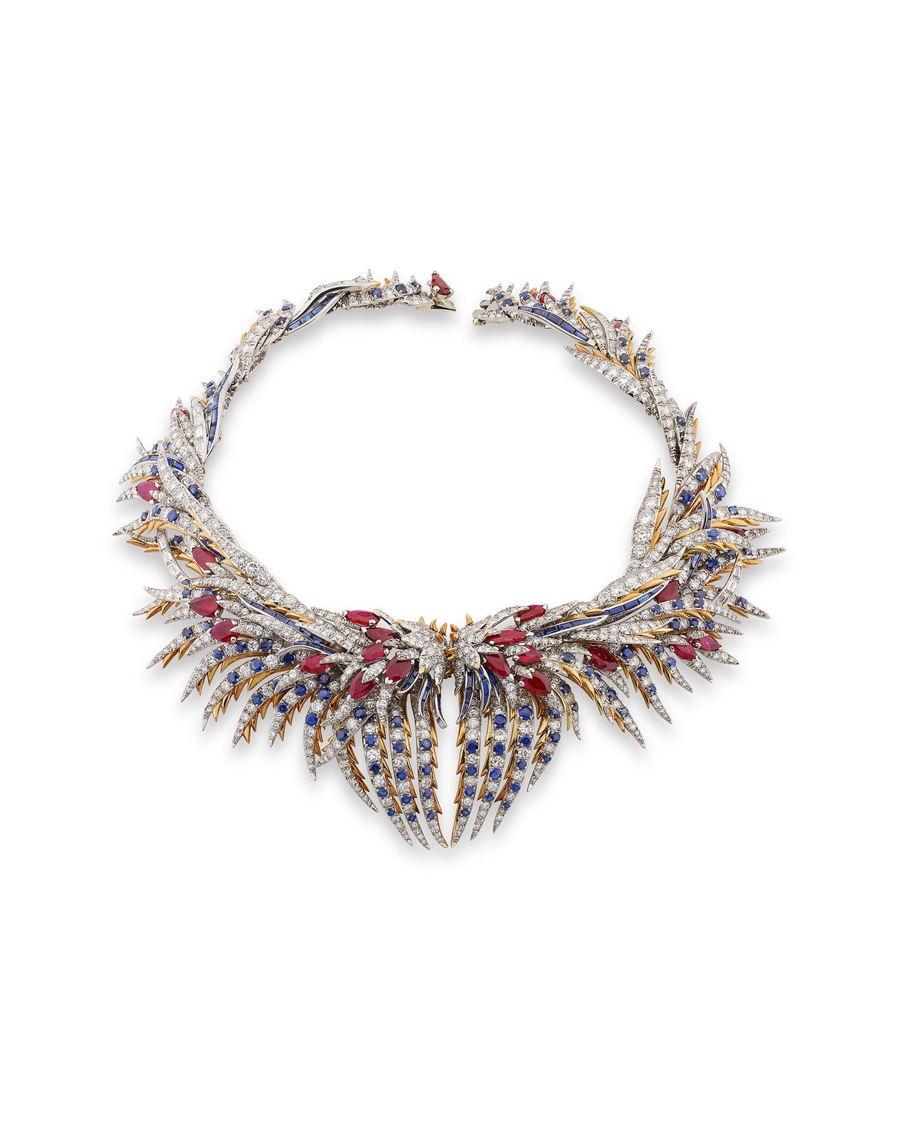 <p><strong>SCHLUMBERGER </strong><em>Magnificent diamond, ruby, sapphire and gold necklace, ‘Plumes’,</em> late 1950s</p>