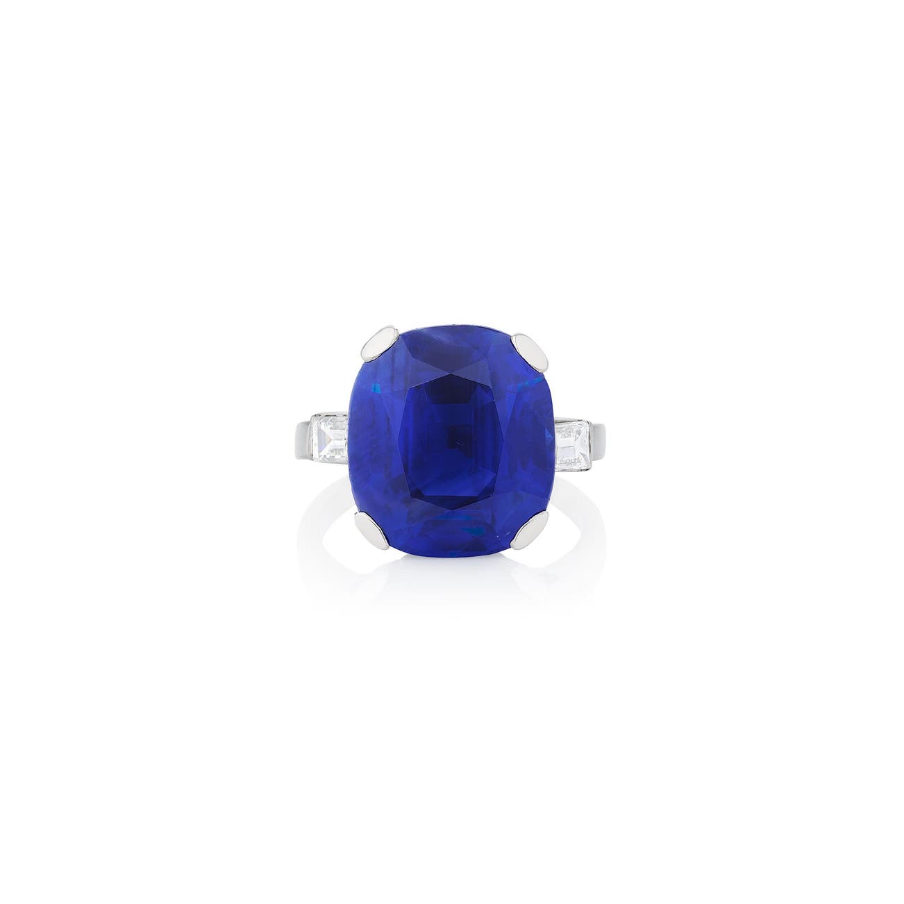 <p><em>Sapphire and diamond ring weighing 16.40 carats, Kashmir, no heat, with SSEF and G&uuml;belin appendix letters, </em>CHF1,800,000&ndash;2,860,000</p>
