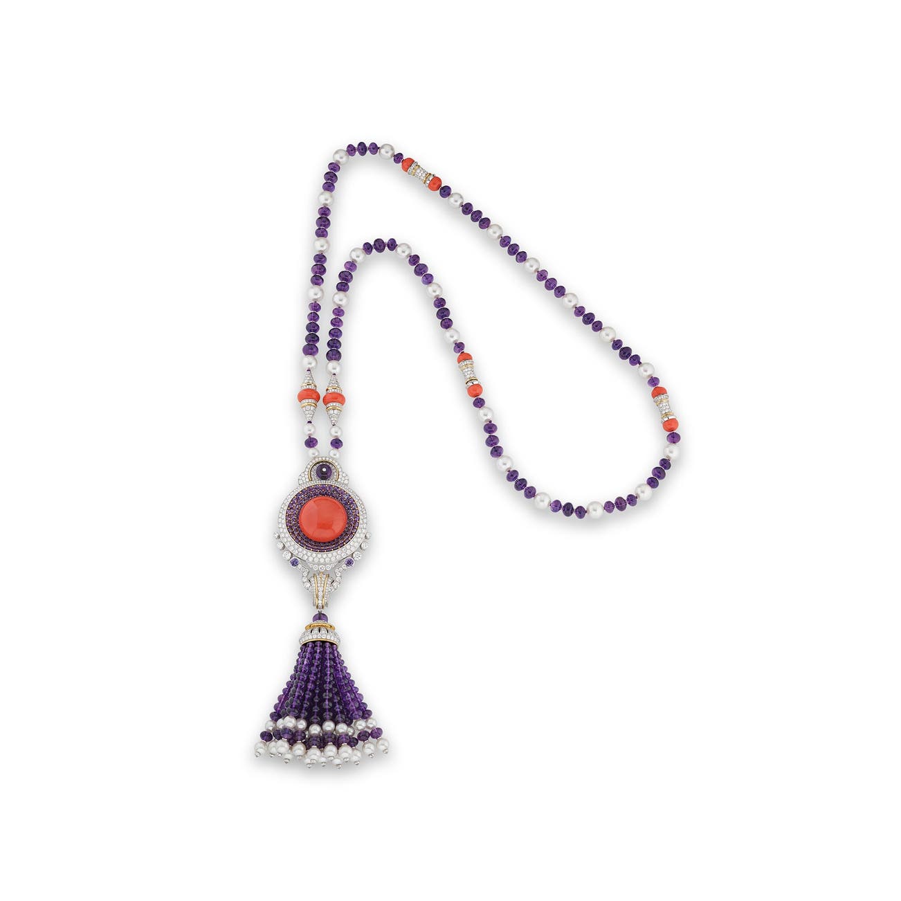 <p><strong>VAN CLEEF &amp; ARPELS</strong> <em>Amethyst, coloured sapphire, coral and diamond sautoir, &lsquo;Liz&rsquo;, </em>CHF 200,000&ndash;300,000</p>

