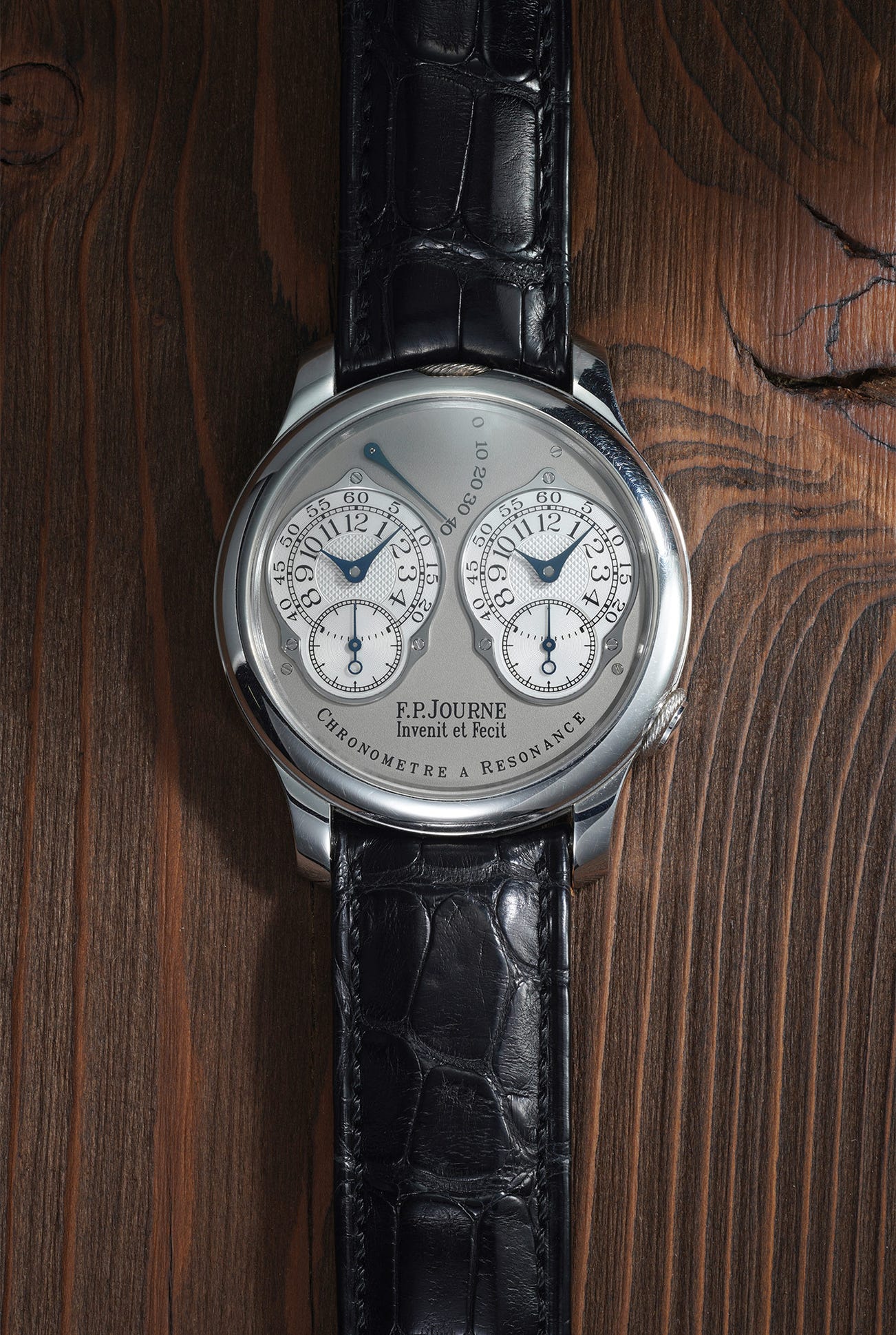 <p><strong>F.P.JOURNE </strong><em>Chronometre a Resonance in platinum</em>, CHF120,000–240,000</p>