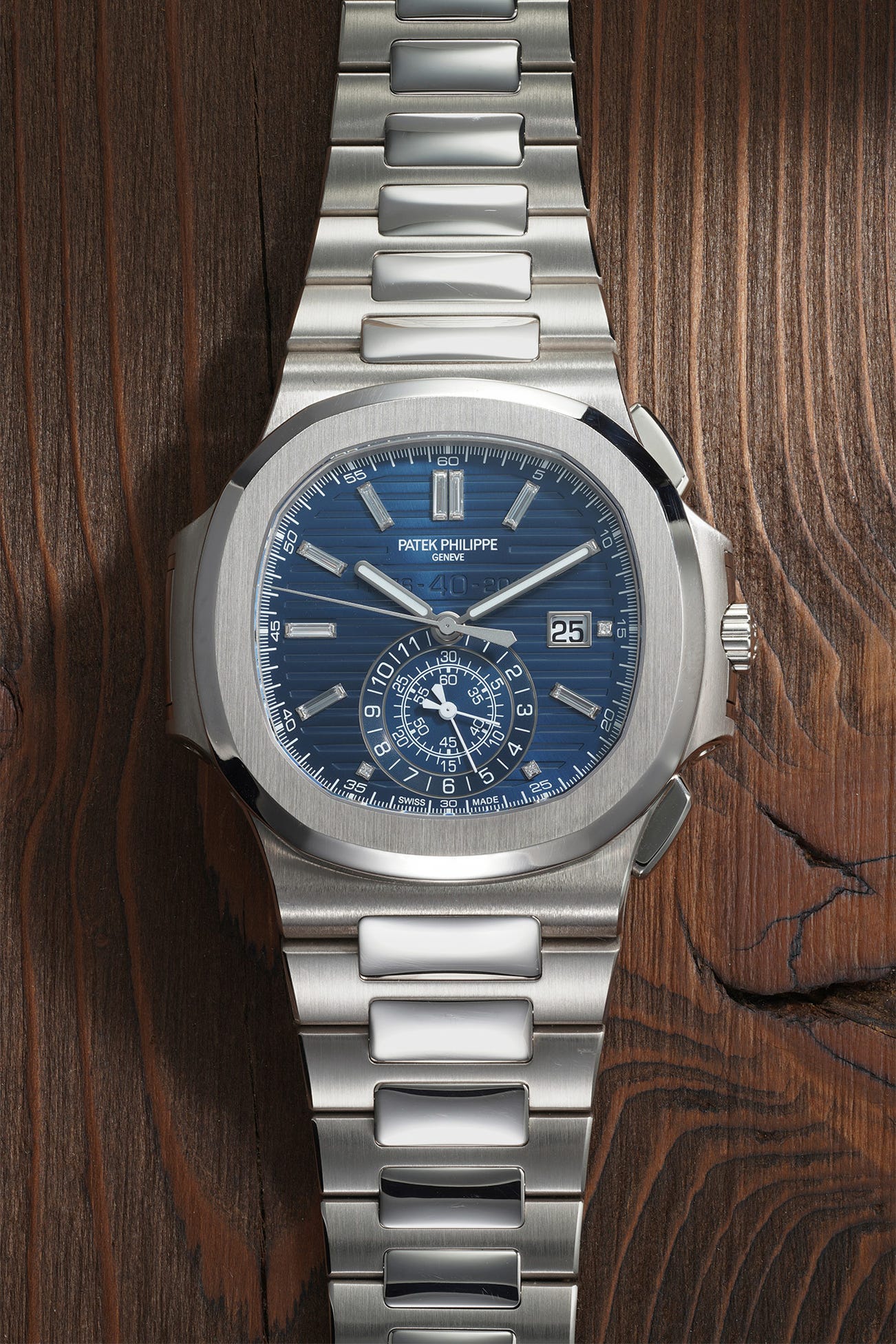<p><strong>PATEK PHILIPPE</strong> <em>Nautilus 40th Anniversary in 18K white gold and diamonds, part of a 1300 pieces limited editio, </em>CHF120,000–240,000</p>