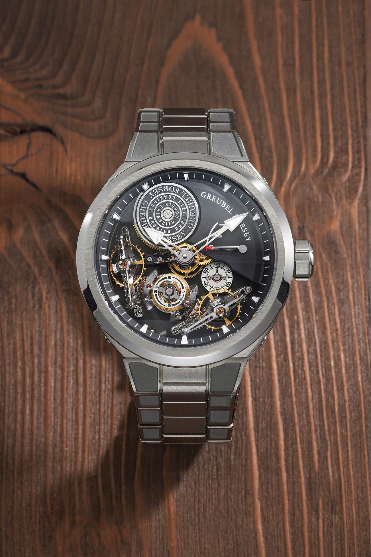 <p><strong>GREUBEL FORSEY </strong><em>Double Balancier Convexe in titanium, part of a limited edition of 66 pieces</em>, CHF80,000&ndash;160,000</p>
