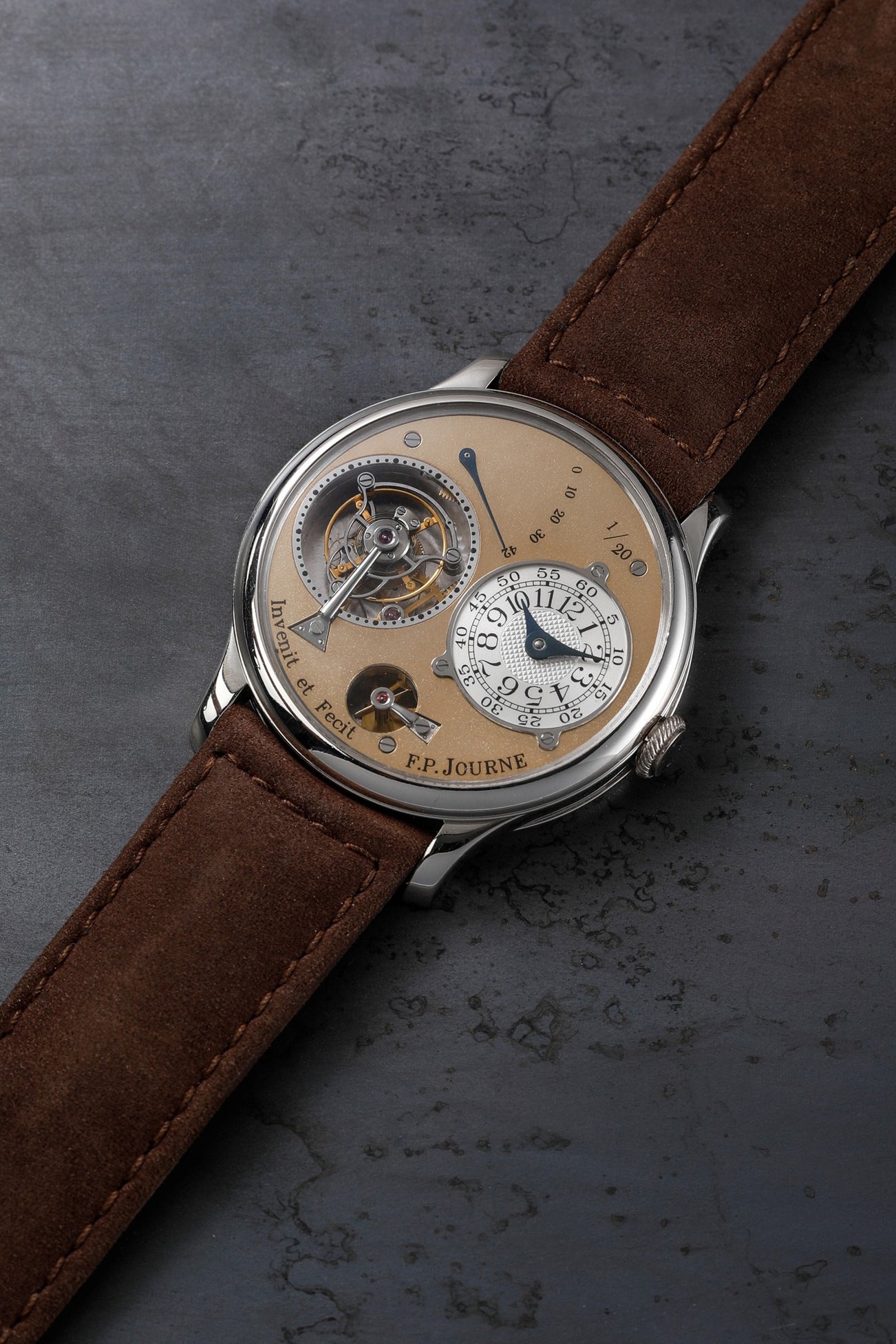 <p><strong>F.P. JOURNE</strong> A historically important and extremely rare platinum tourbillon wristwatch with remontoir d’egalité, number 1 of a 20 pieces subscription series, made in 1999.</p>