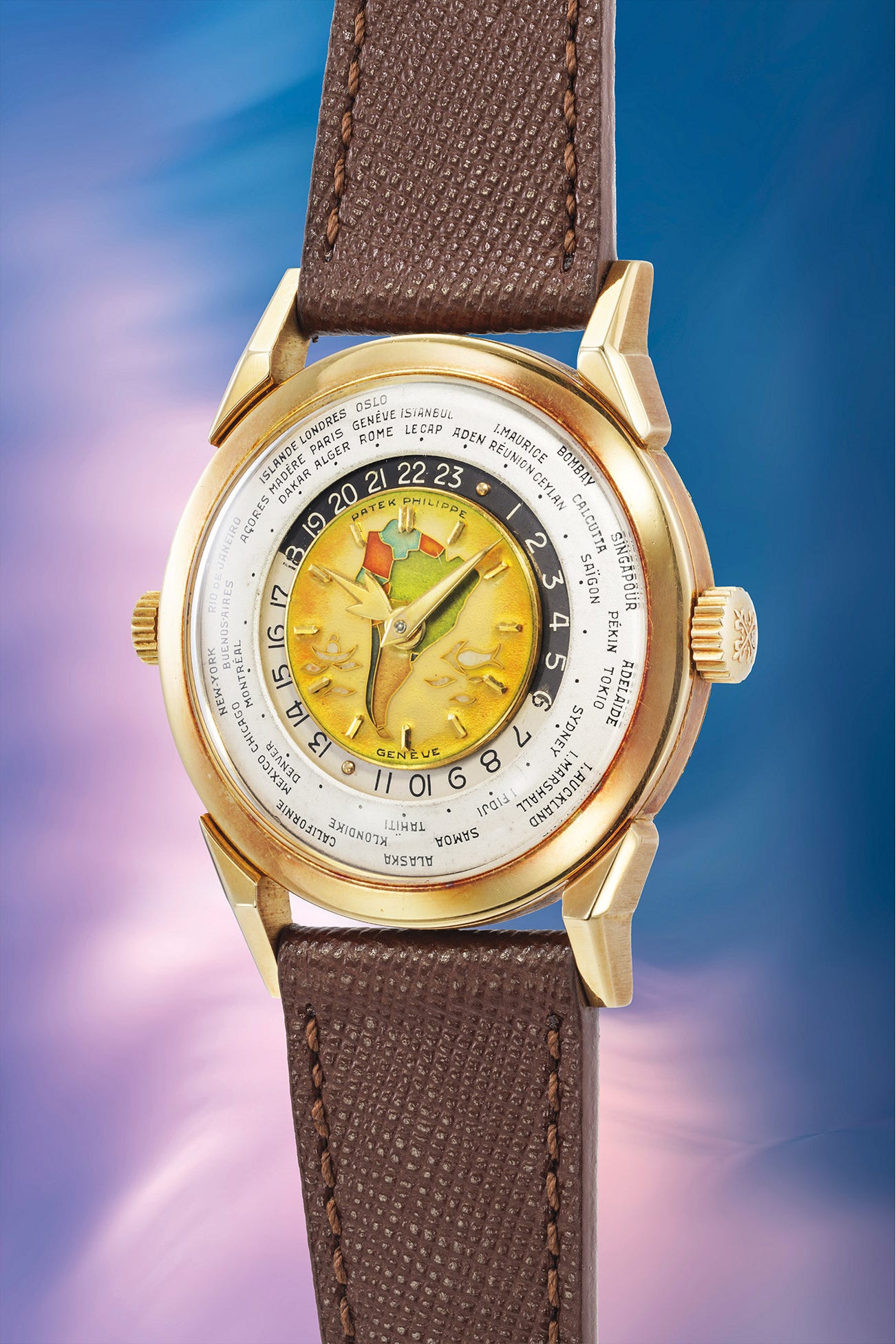<p><strong>PATEK PHILIPPE </strong><em>Ref. 2523 "Polychrome Two-crown World-time", "Doppia Corona Policromo" in 18k yellow gold,</em> In excess of CHF5,000,000</p>
