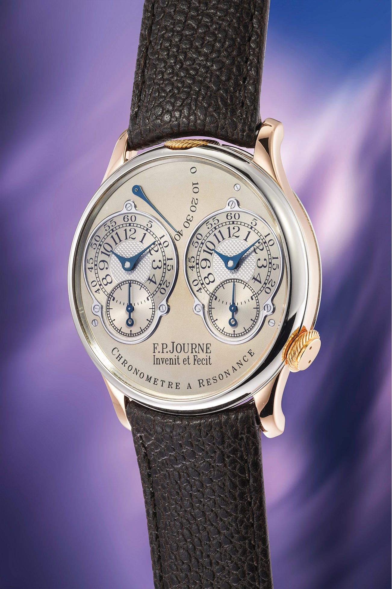 <p><strong>F.P.JOURNE </strong><em>Chronomètre à Résonance "Souscription" in platinum and 18k pink gold. Number 18 of a 20 piece souscription series,</em> CHF450,000–900,000</p>