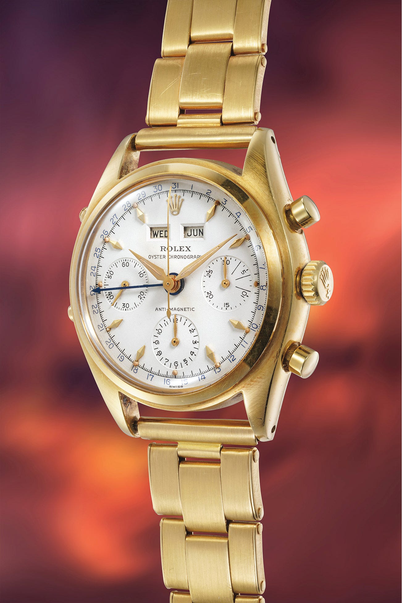 <p><strong>ROLEX</strong> <em>Ref. 6036 "Datocompax Killy" in 18k yellow gold,</em> CHF500,000–1,000,000</p>