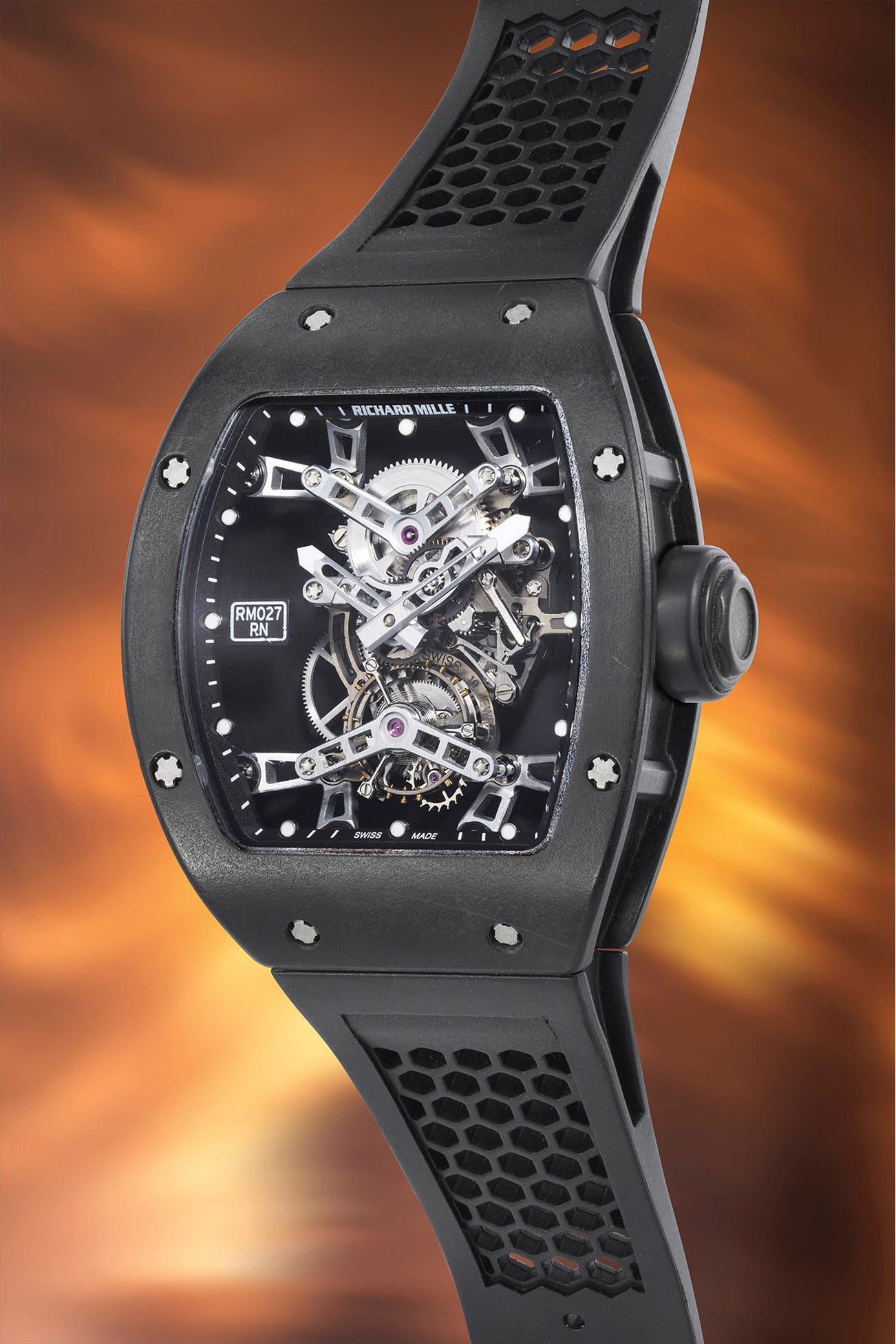 <p><strong>RICHARD MILLE </strong><em>RM27 "Nadal" in carbon. Numbered 25 of a limited edition of 50 pieces,</em> CHF500,000&ndash;1,000,000</p>
