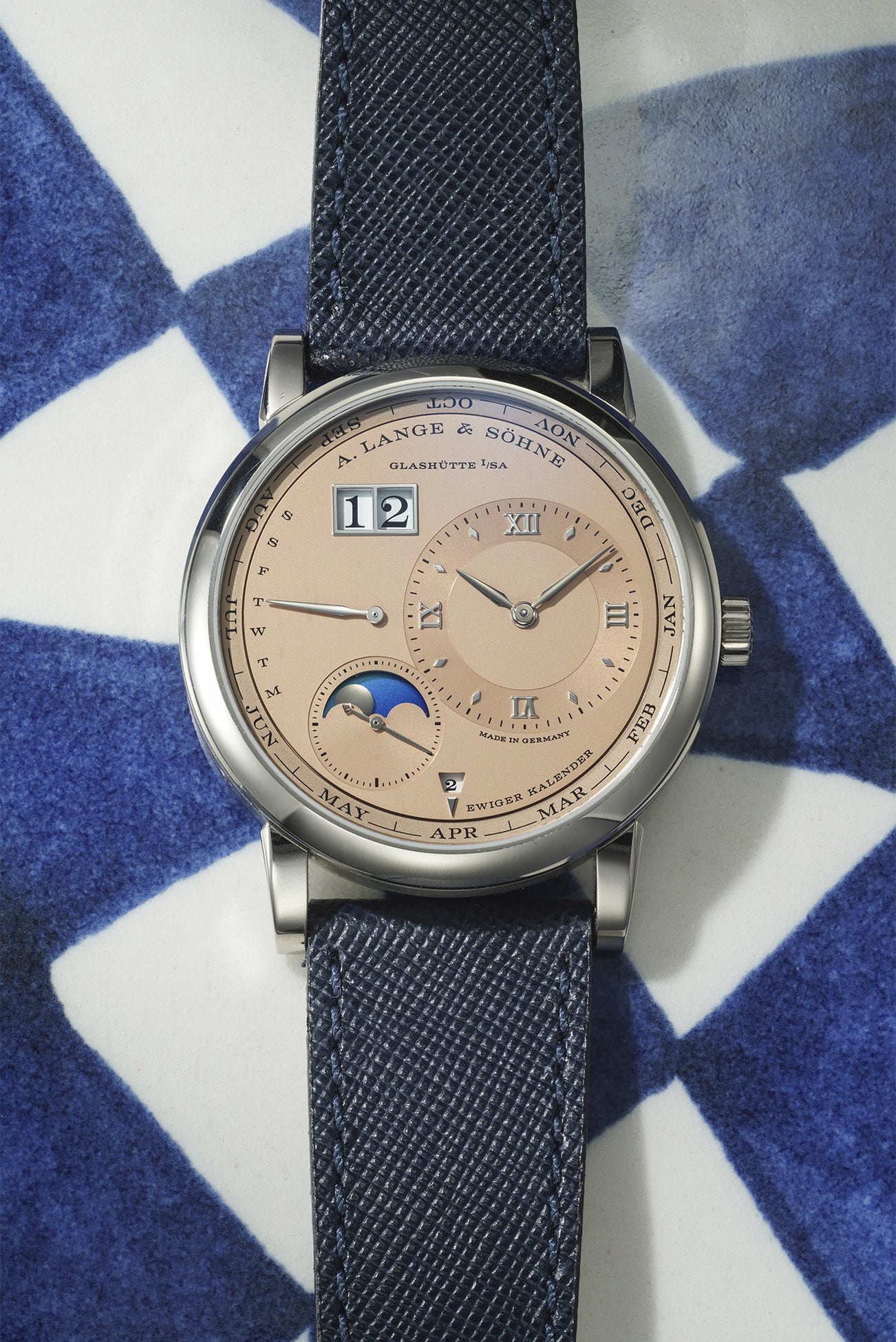 <p><strong>A.LANGE & SÖHNE</strong> <em>Lange 1 Perpetual Calendar in 18k white gold, limited edition of 150 pieces</em></p>