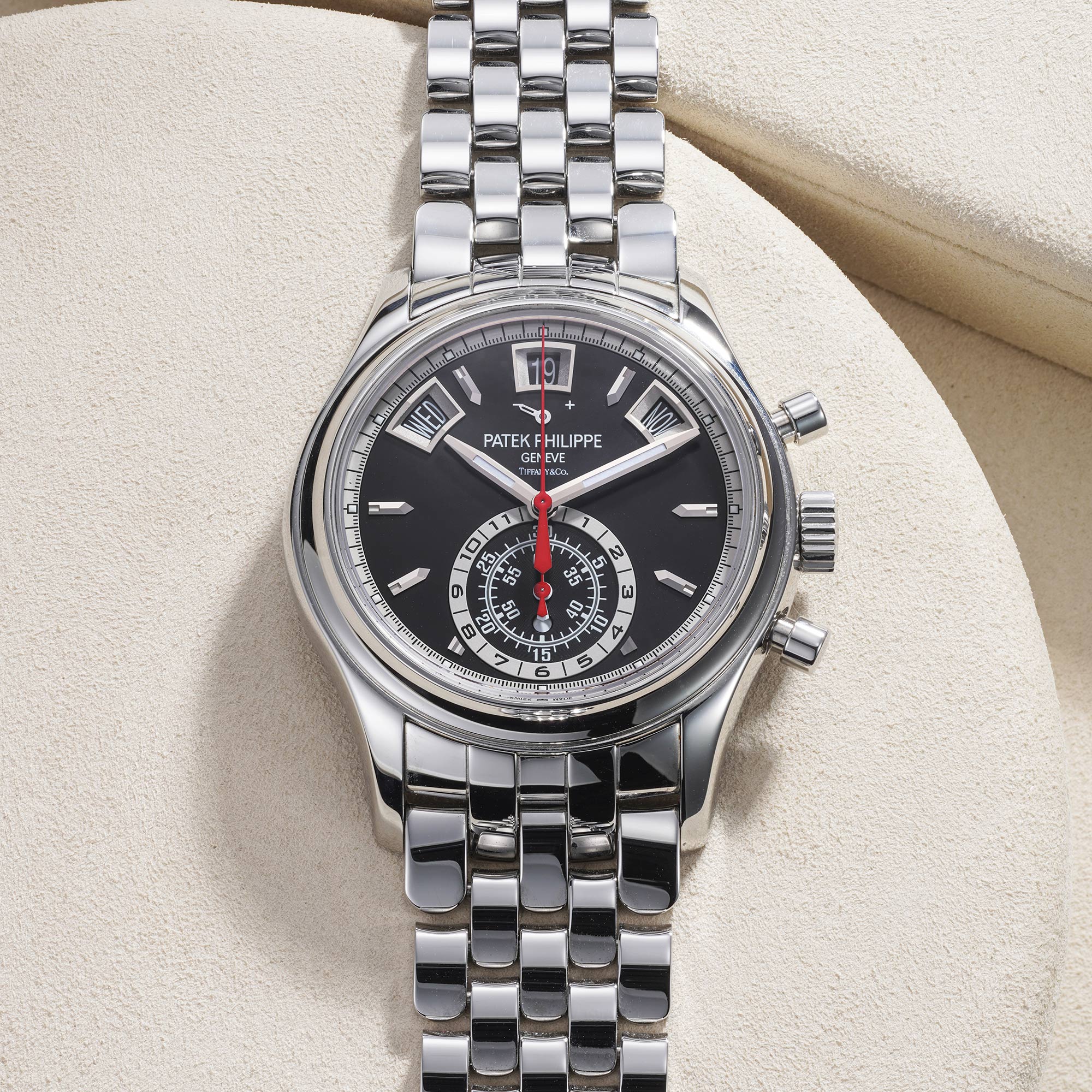 <p><strong>PATEK PHILIPPE</strong> <em>ref. 5960/1A-010 in stainless steel </em>retailed<em> </em>by Tiffany & Co., CHF50,000–100,000</p>