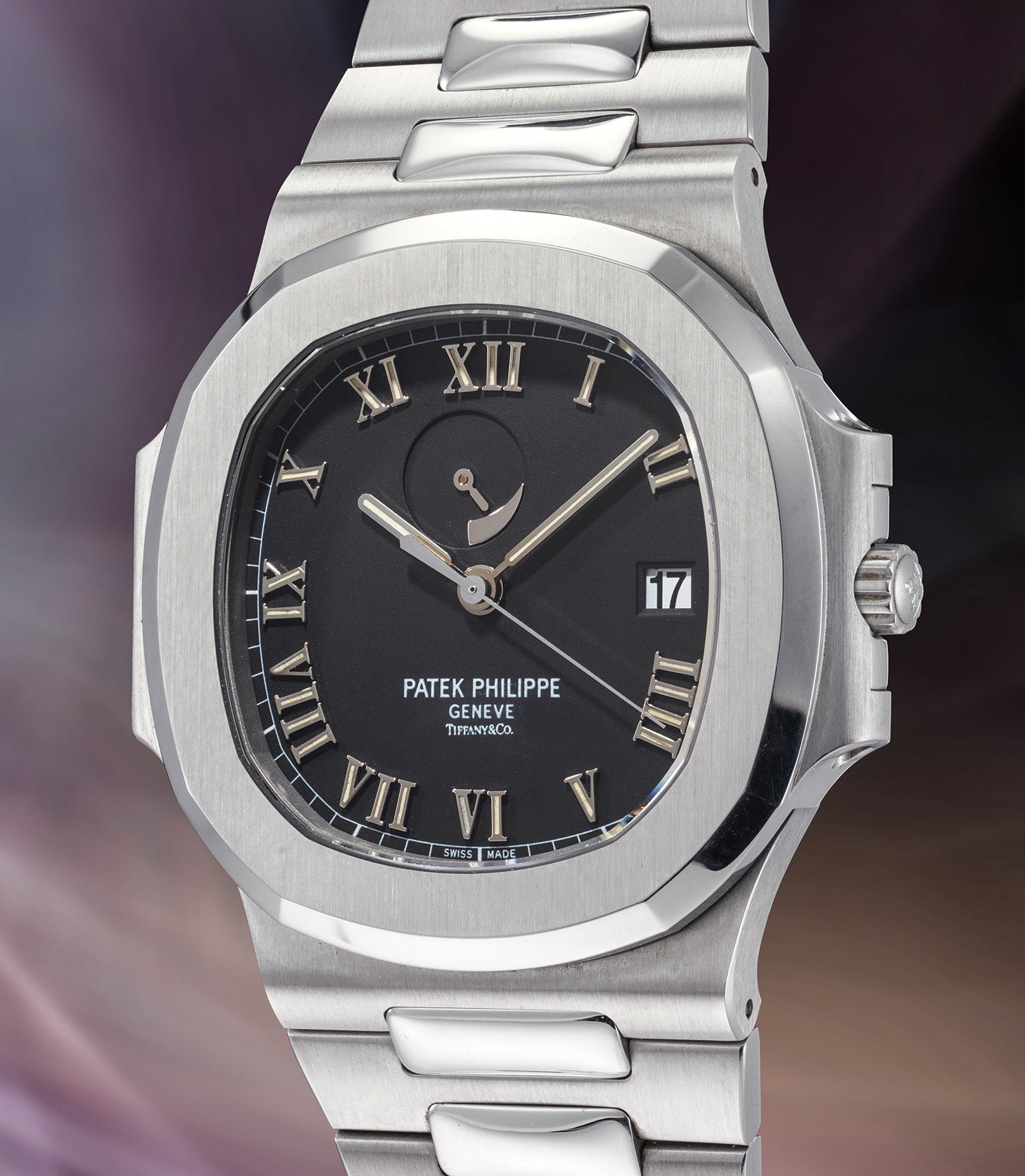Nautilus 3710/1A, Tiffany & Co. Dial. Front view showing the additional Tiffany & Co. signature. · Photo: Phillips · © Phillips, used with permission · Source: https://www.phillips.com/detail/patek-philippe/206104