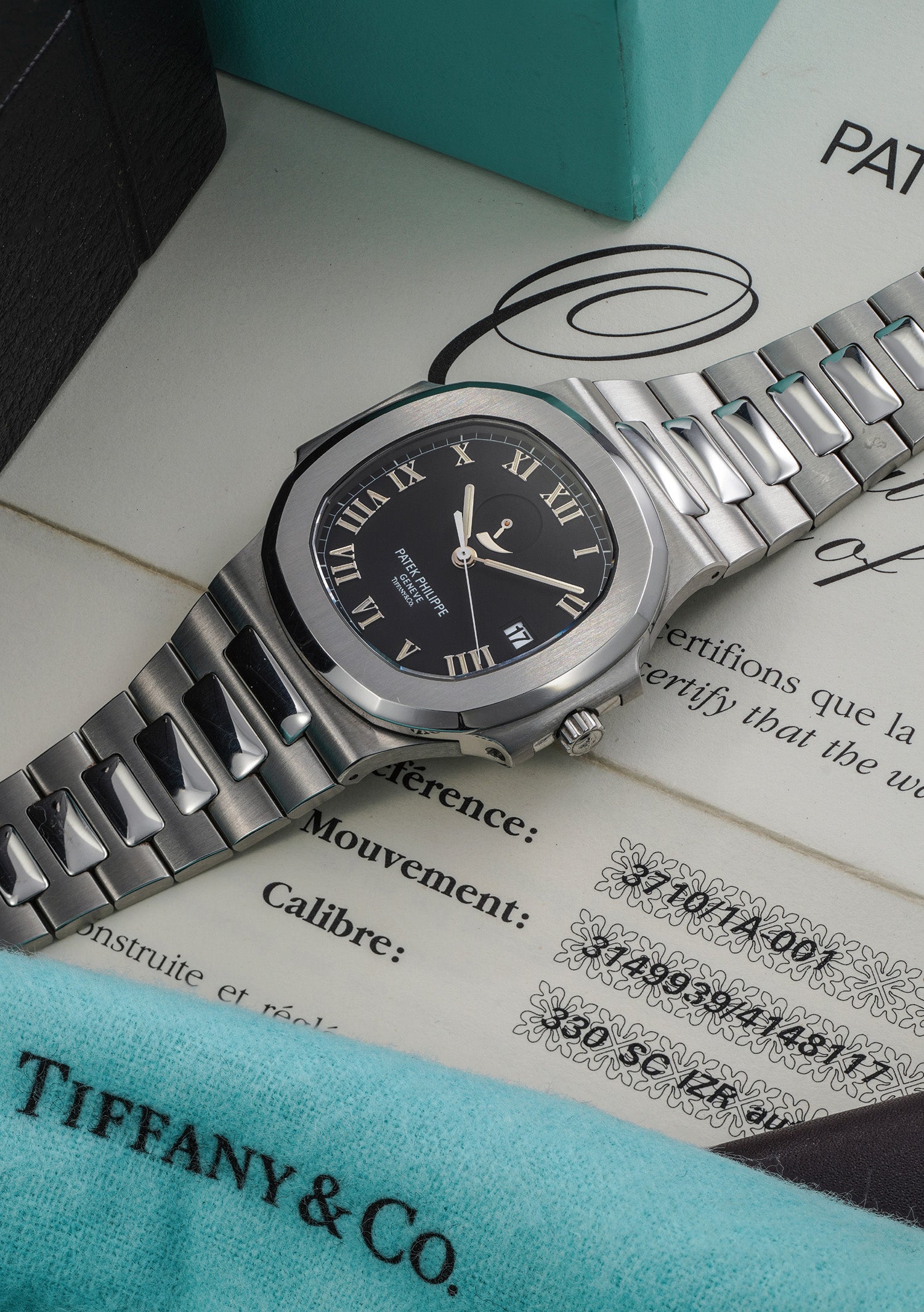 Nautilus 3710/1A, Tiffany & Co. Dial. Watch with Tiffany packaging and certificate. · Photo: Phillips · © Phillips, used with permission · Source: https://www.phillips.com/detail/patek-philippe/206104