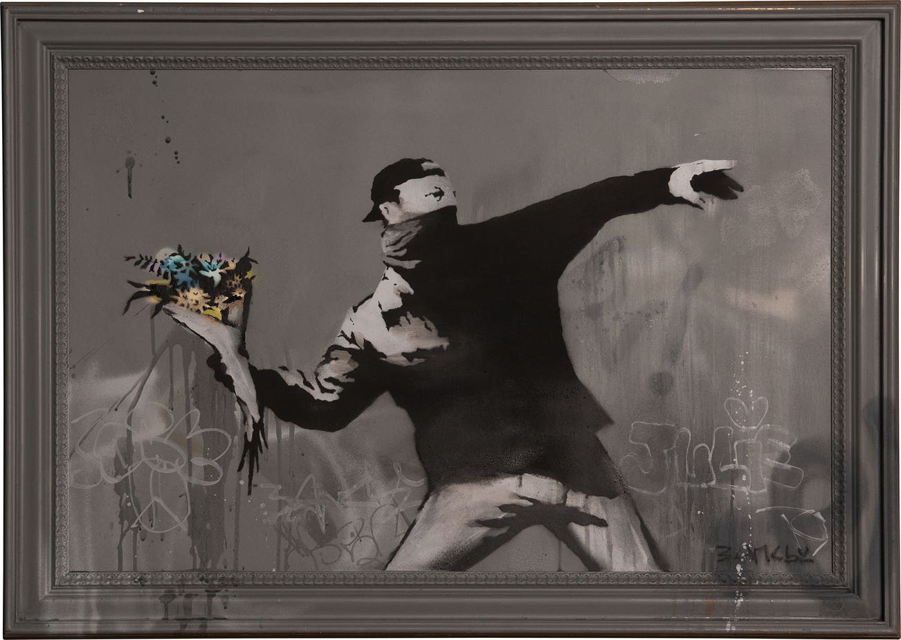 <p><strong>BANKSY</strong><em> Love is in the Air</em>, 2015</p>
