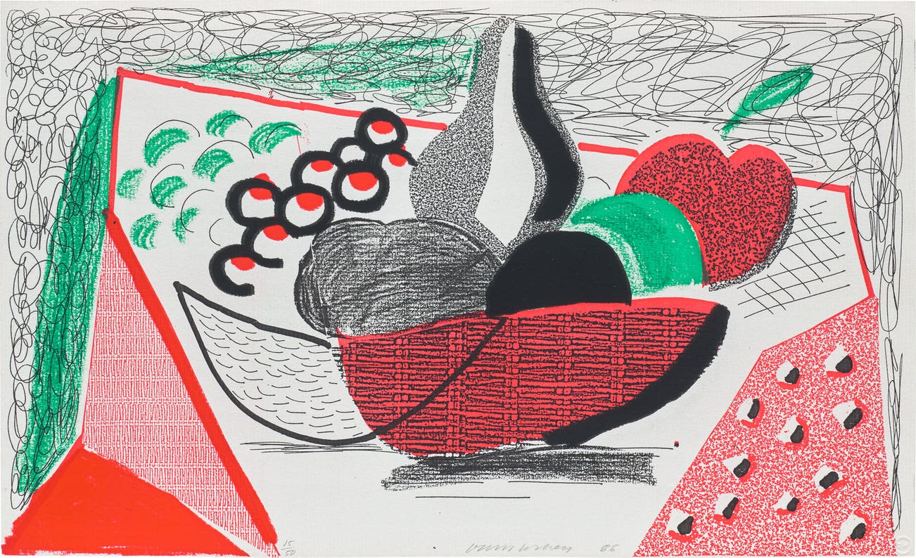 <p><strong>DAVID HOCKNEY</strong> <em>Apples, Pears & Grapes, May 1986,</em> 1986</p>