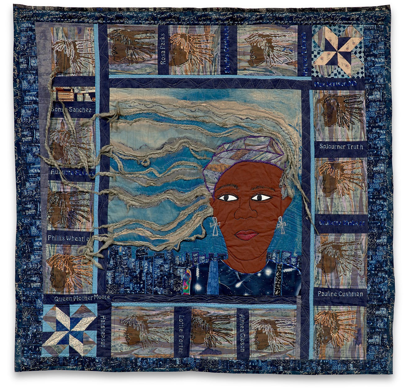 <p><strong>DINDGA MCCANNON</strong> <em>Threads of the Past, Inspiration for the Future,</em> 2000</p>