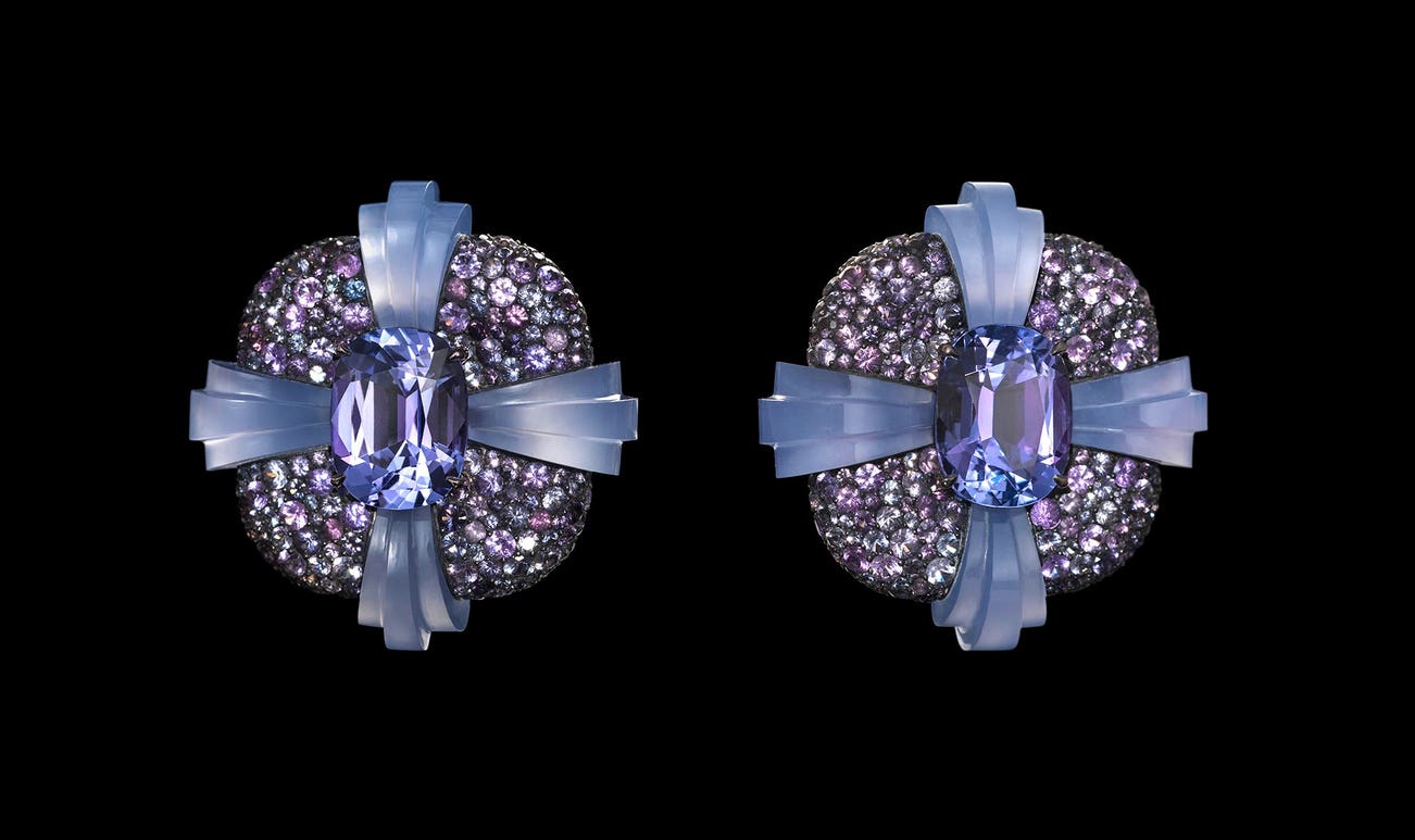 <b>TORUS EARRINGS</b> tanzanites, spinels, chalcedony, silver and gold © Lauren Adriana, photographed by Richard Valencia