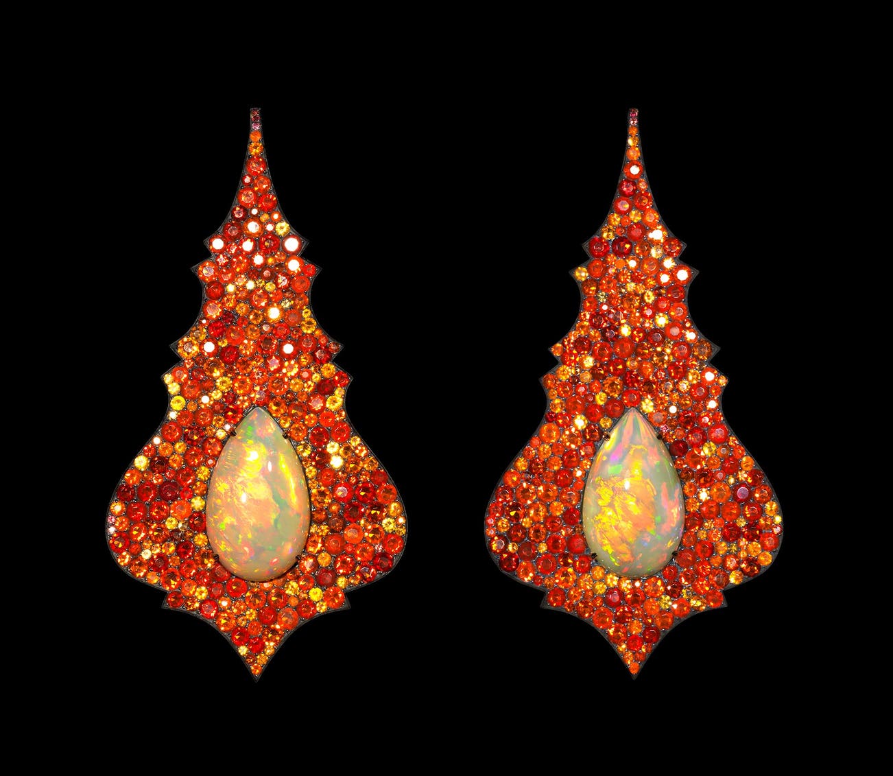 <b>CHANDELIER EARRINGS</b> ethiopian opals, fire opals, silver and gold © Lauren Adriana, photographed by Richard Valencia