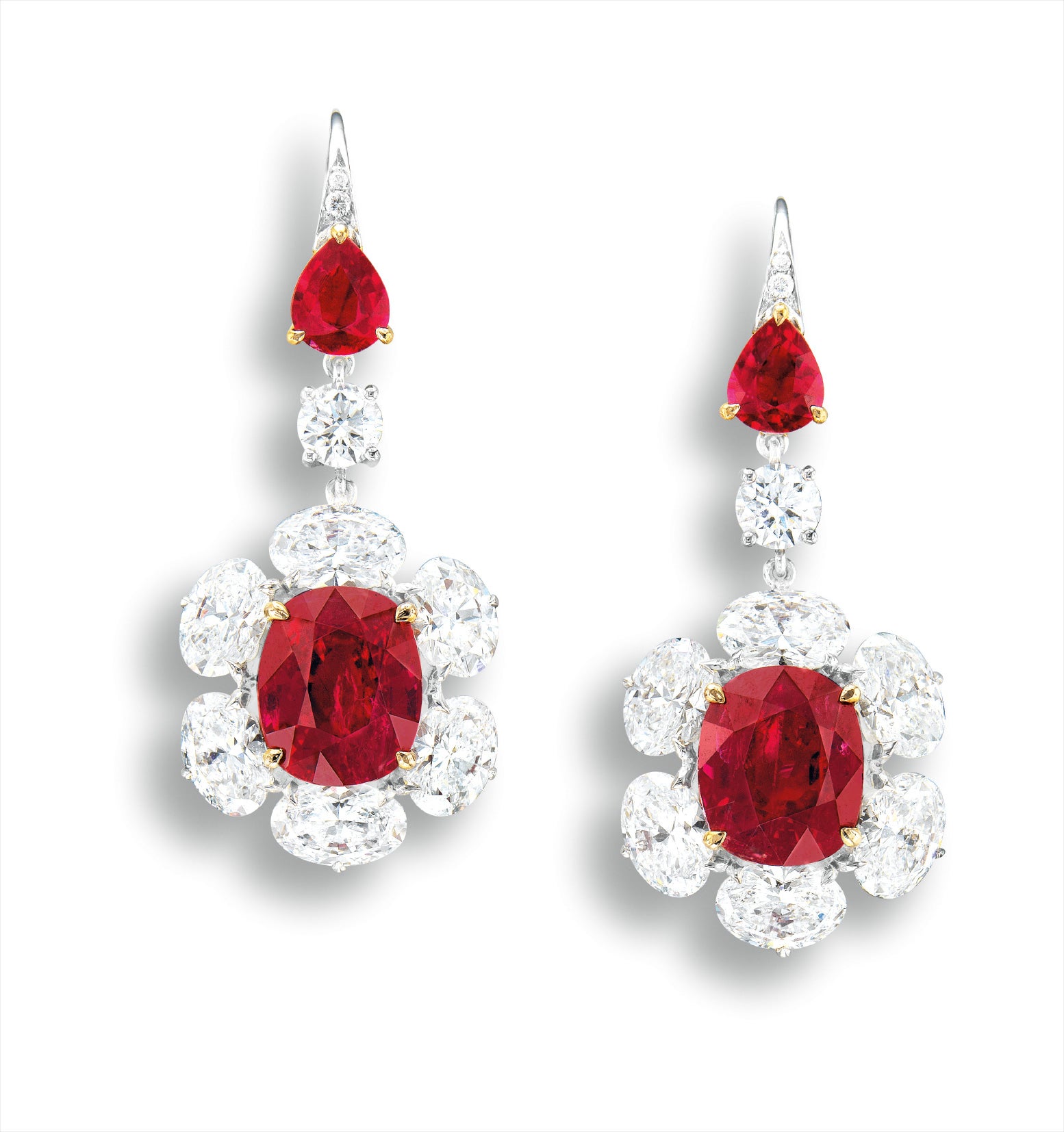 A Very Fine Pair of Ruby and Diamond Pendent Earrings