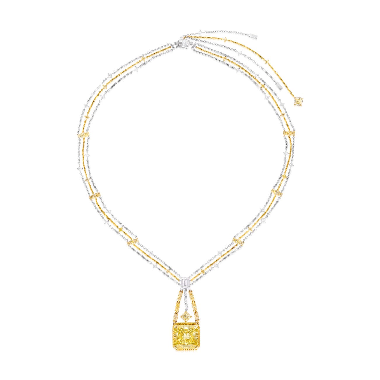 <p><em>Fancy Intense Yellow Diamond and Diamond Pendent Necklace, </em>HK$1,600,000–2,200,000</p>