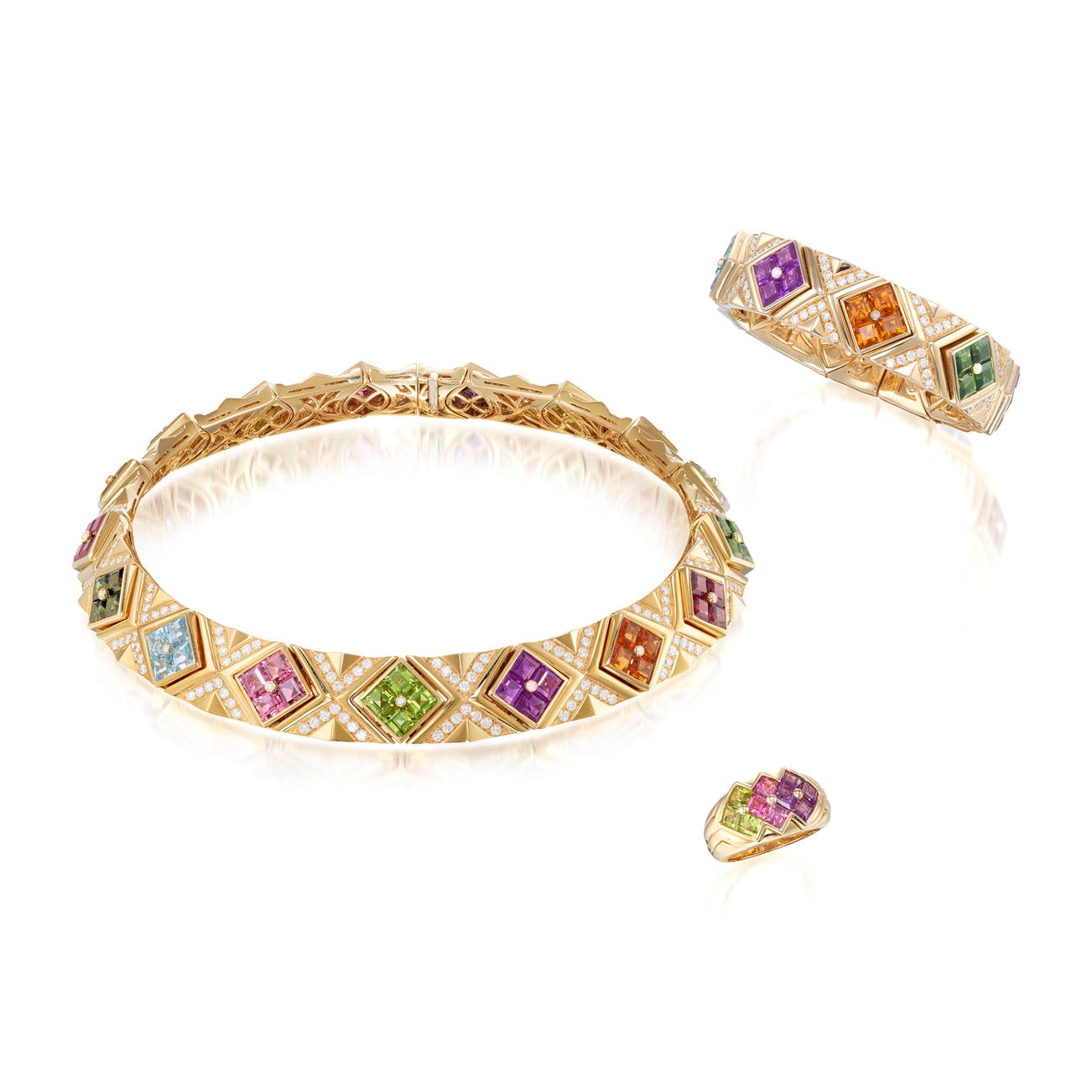 <p><strong>BULGARI</strong> <em>Gem Set and Diamond Demi-Parure</em>, and <em>Gem Set Ring, ‘Carré’</em>, HK$500,000–900,000</p>