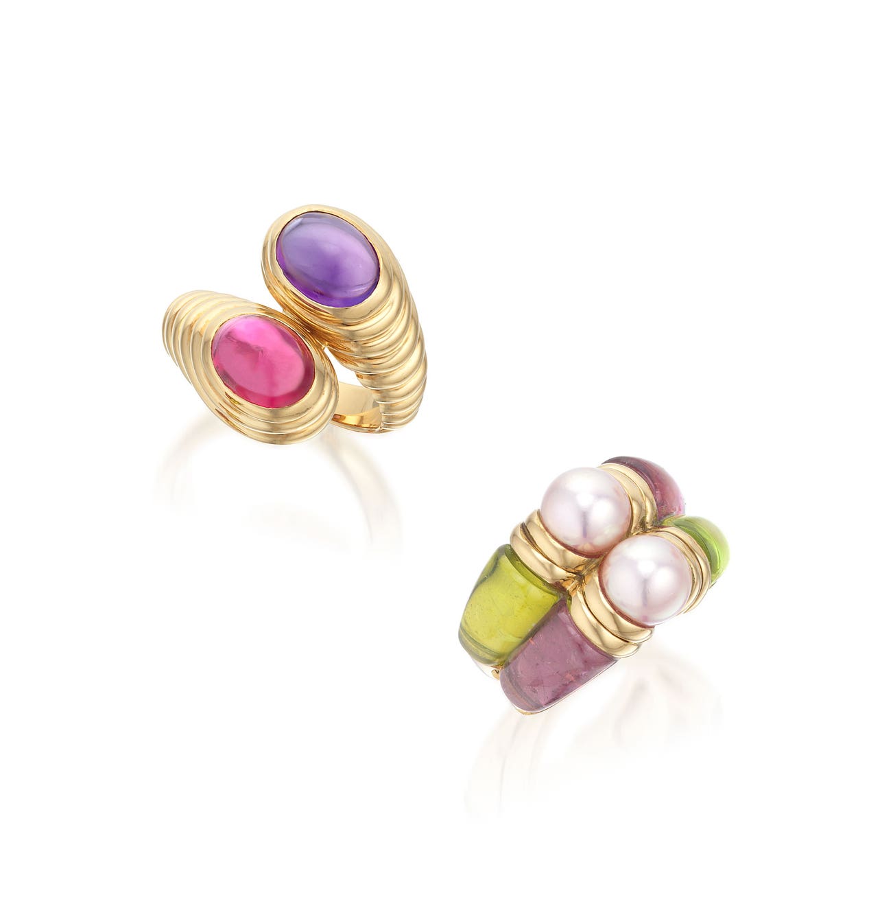 <p><strong>BULGARI</strong> <em>Cultured Pearl, Tourmaline and Peridot Ring, and Amethyst and Tourmaline Ring, 'Doppio'</em>, HK$30,000 &ndash; 60,000</p>

