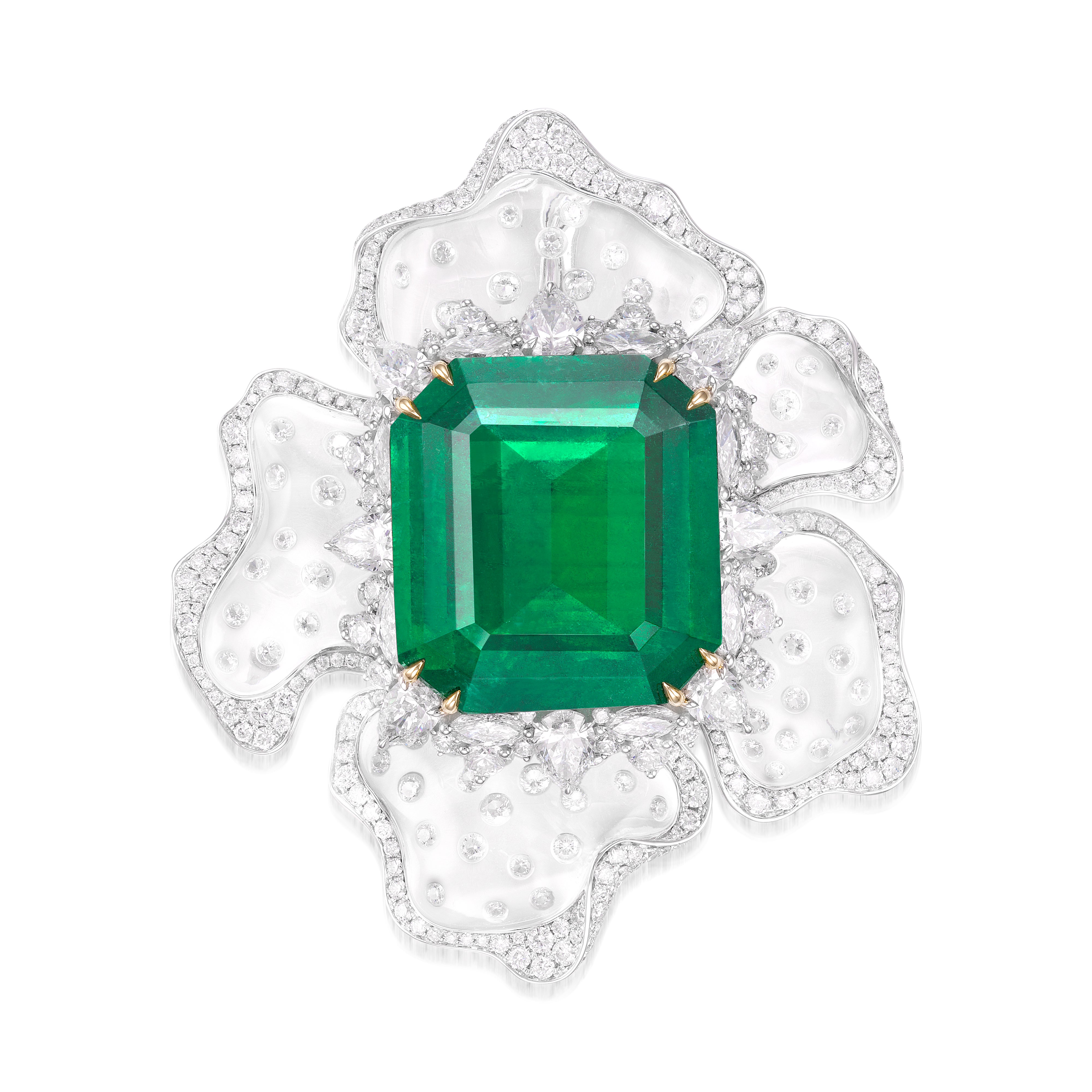 Emerald, diamond, rock crystal, and tsavorite garnet necklace/brooch ...