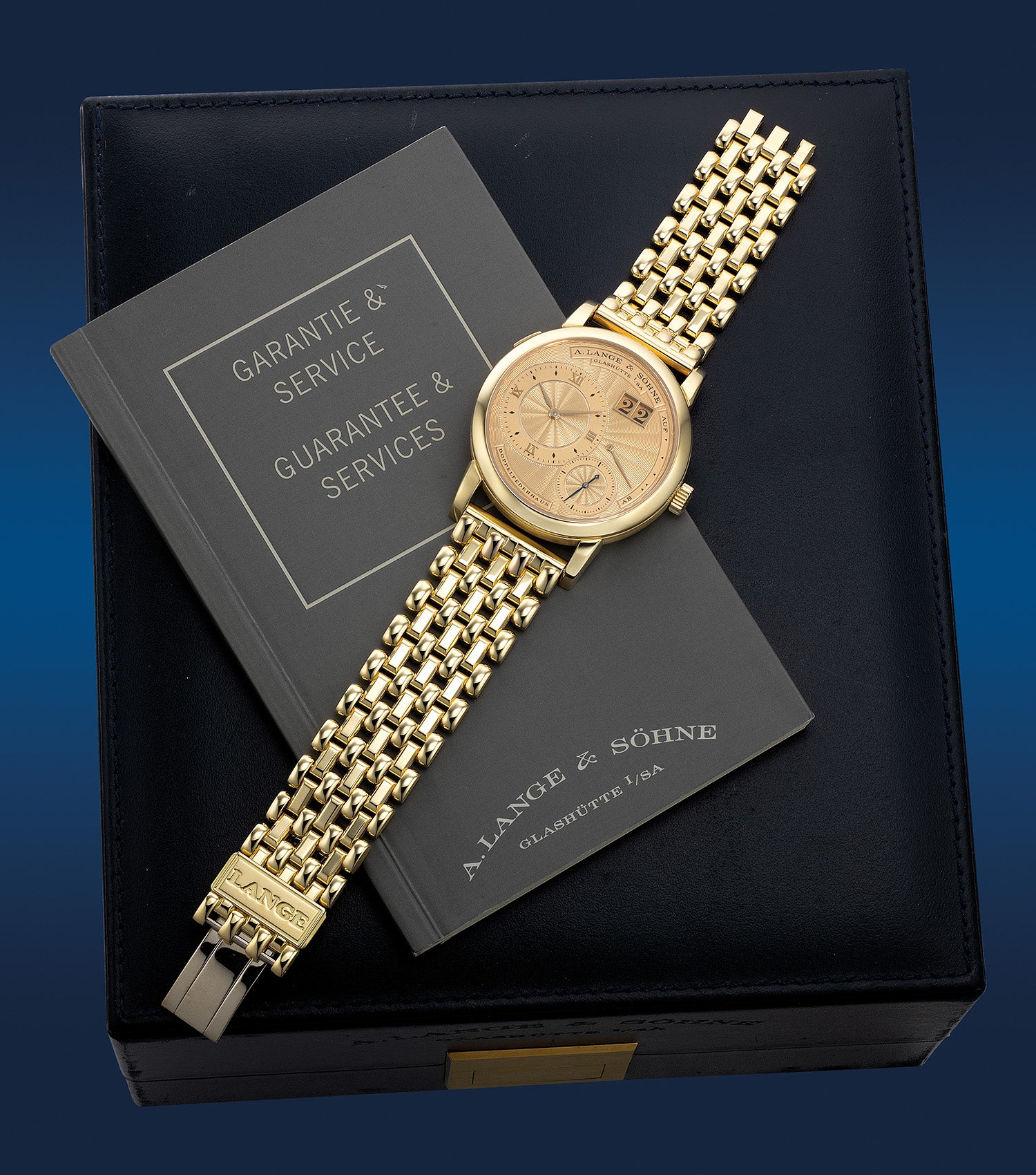 Lange 1A 112.021. The same bracelet watch with its historical auction-listed box and papers. · Photo: Phillips · © Phillips; permission not yet confirmed · Source: https://www.phillips.com/zh/detail/a.-lange-%26-s%C3%B6hne/169050