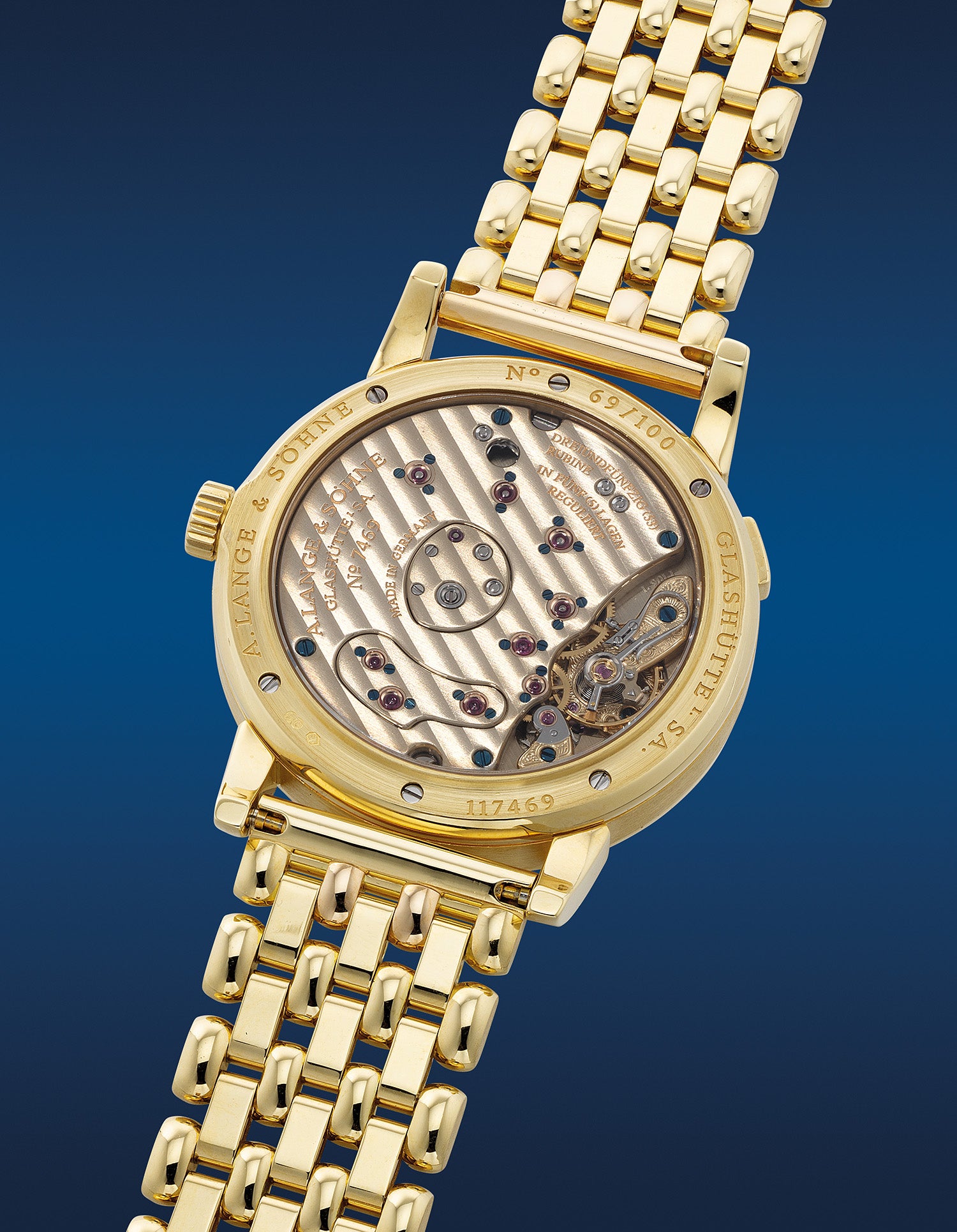 Lange 1A 112.021. Back numbered 69/100 with case 117469 and movement 7469. · Photo: Phillips · © Phillips; permission not yet confirmed · Source: https://www.phillips.com/zh/detail/a.-lange-%26-s%C3%B6hne/169050
