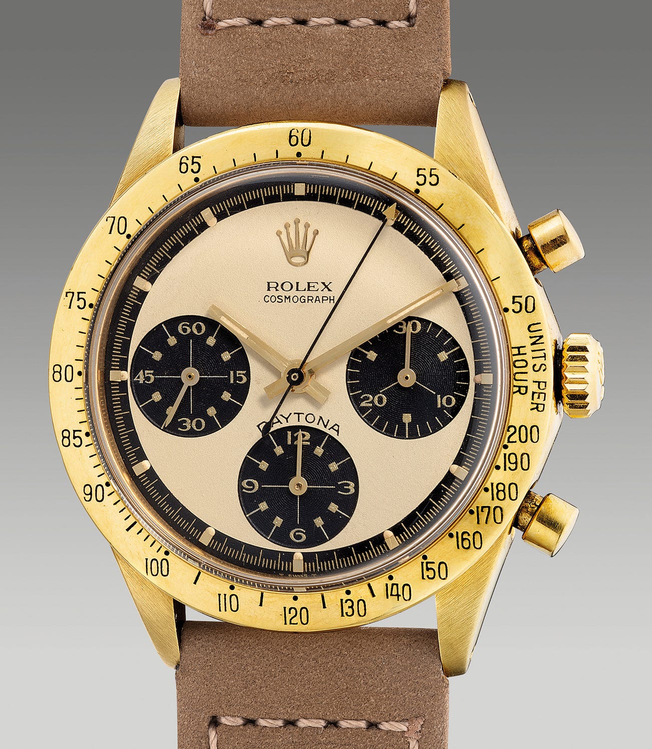 <p><strong>ROLEX </strong>ref.6239 - A very rare and very fine yellow gold chronograph wristwatch with champagne &ldquo;Paul Newman&rdquo; dial, circa 1969</p>
