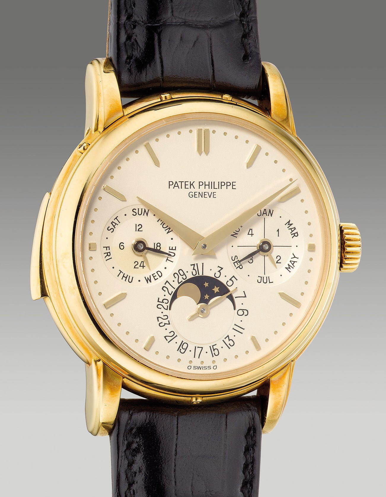 <p><strong>PATEK PHILLIPE</strong> ref.3974 - A very impressive, attractive and rare yellow gold minute repeating perpetual calendar wristwatch with moon phases, 24-hour, leap year indication, additional solid caseback, setting pin and presentation box, circa 1991</p>
