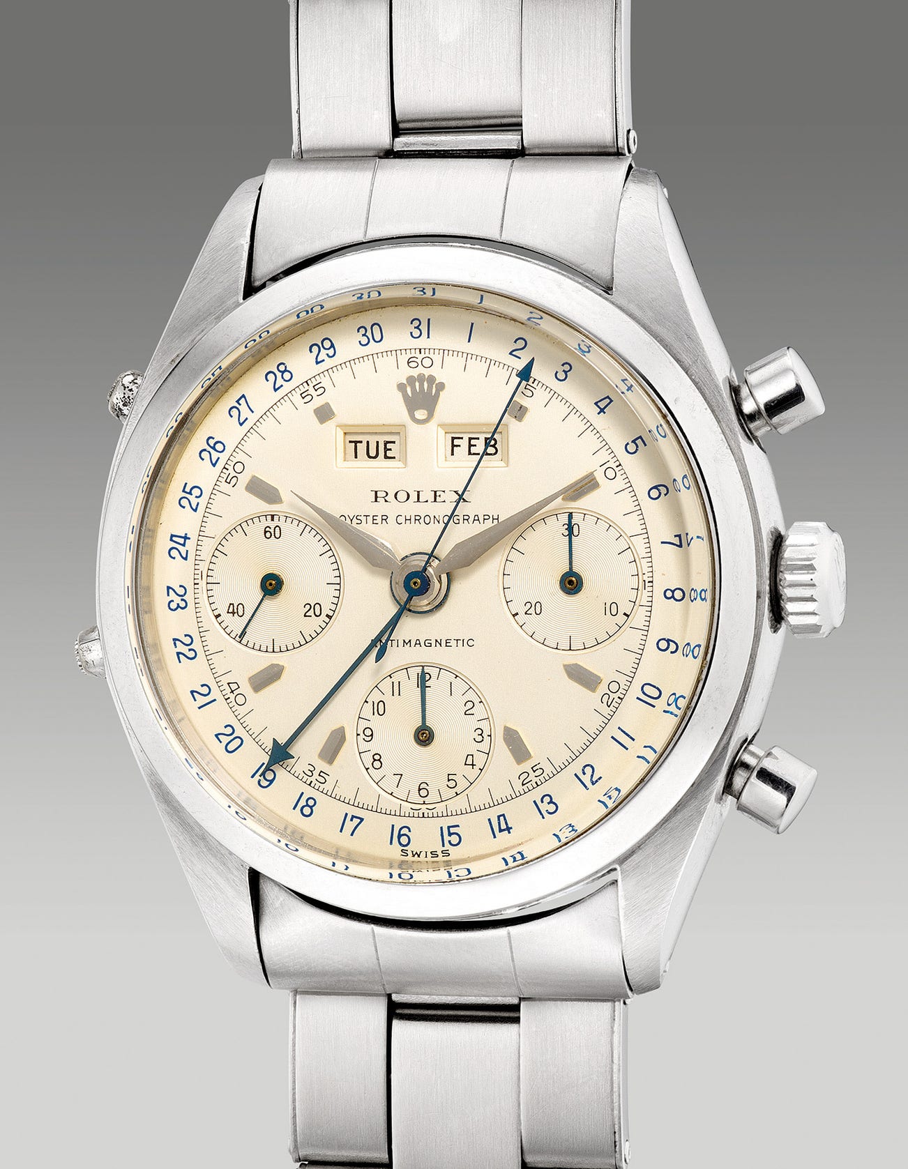<p><strong>ROLEX</strong>&nbsp;&nbsp;ref.6236 - A fine and incredibly rare stainless steel triple calendar chronograph wristwatch with &lsquo;no lumes&rsquo; dial, circa 1960's</p>
