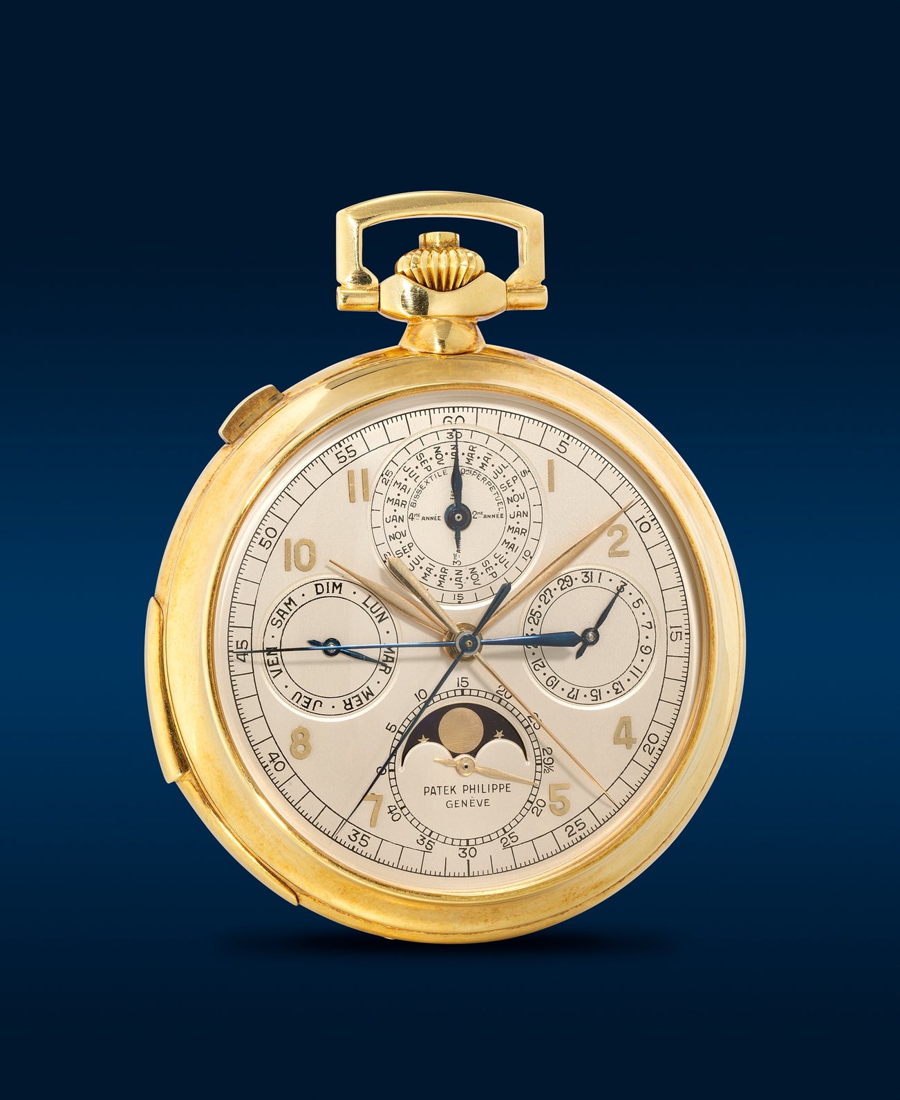 <p><strong>PATEK PHILIPPE</strong> <em>Ref. 767, a possibly unique and historically important yellow gold minute repeating perpetual calendar double-split chronograph open-faced keyless pocket watch with &ldquo;modern&rdquo; style case and presentation box</em>, 1952</p>
