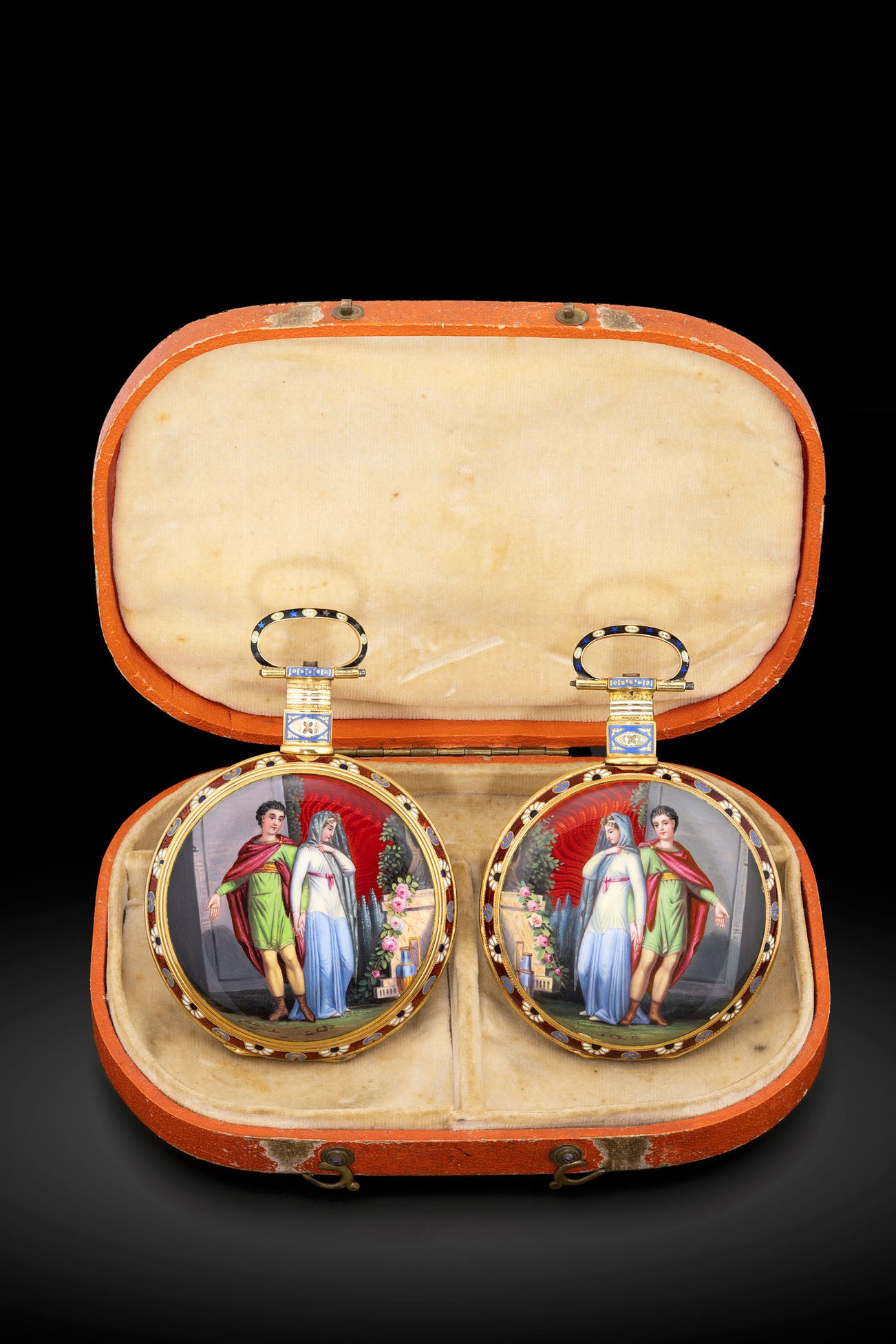 <p><strong>EDOUARD JUVET</strong> <em>An exceptional pair of yellow gold and enamel open-faced pocket watches with enamel paintings depicting Titus and Berenice, made for the Chinese Market, former properties of the Time Museum</em>, Circa 1950s</p>
