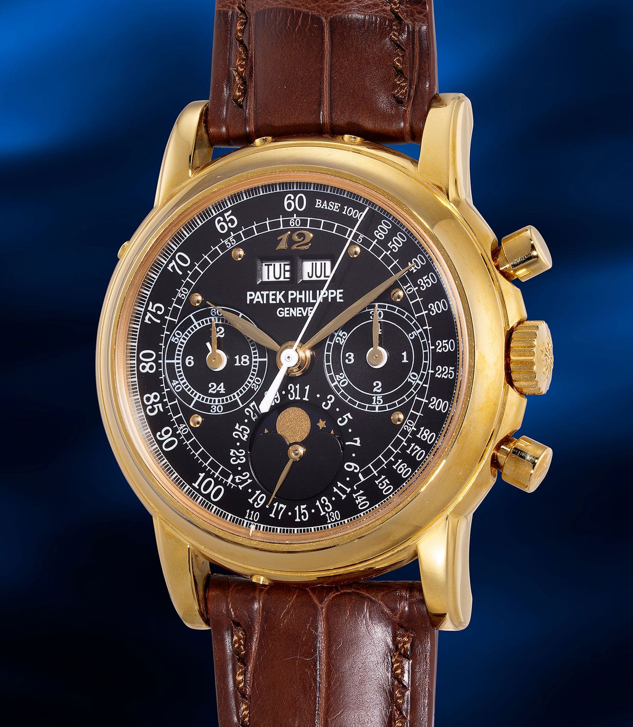<p><strong>PATEK PHILIPPE</strong> <em>One of only two known Ref. 3970EJ-029 in yellow gold with black dial, Breguet numeral at 12 o'clock</em>, circa 2019</p>