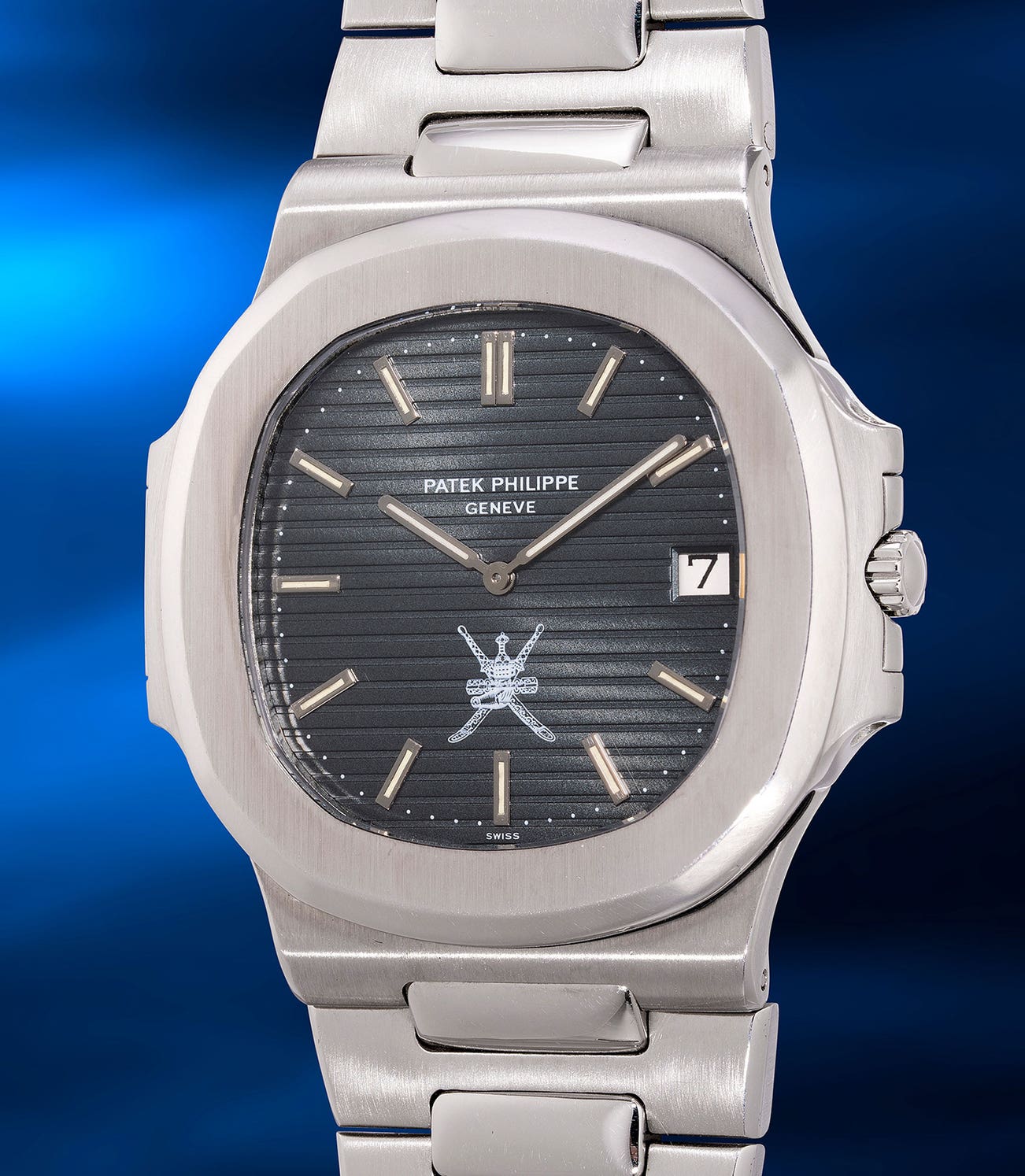<p><strong>PATEK PHILIPPE</strong> <em>An exceptionally rare Nautilus “Jumbo” Oman, Ref. 3700/1 in stainless steel with Royal Khanjar dial, Extract from the Archives, made for the Sultanate of Oman</em>, 1978</p>