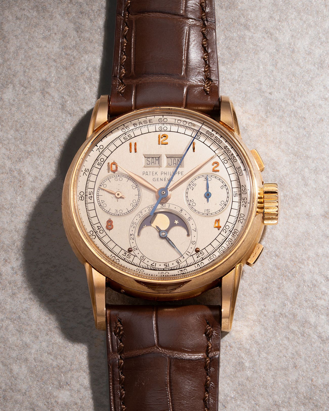 <p><strong>PATEK PHILIPPE</strong> <em>Ref. 2499 “The Pink First Series”</em>, An historically important, pink gold perpetual calendar chronograph wristwatch with French calendar and case made by Vichet, the only known pink gold first series example with British hallmarks, HK$24,000,000-48,000,000</p>