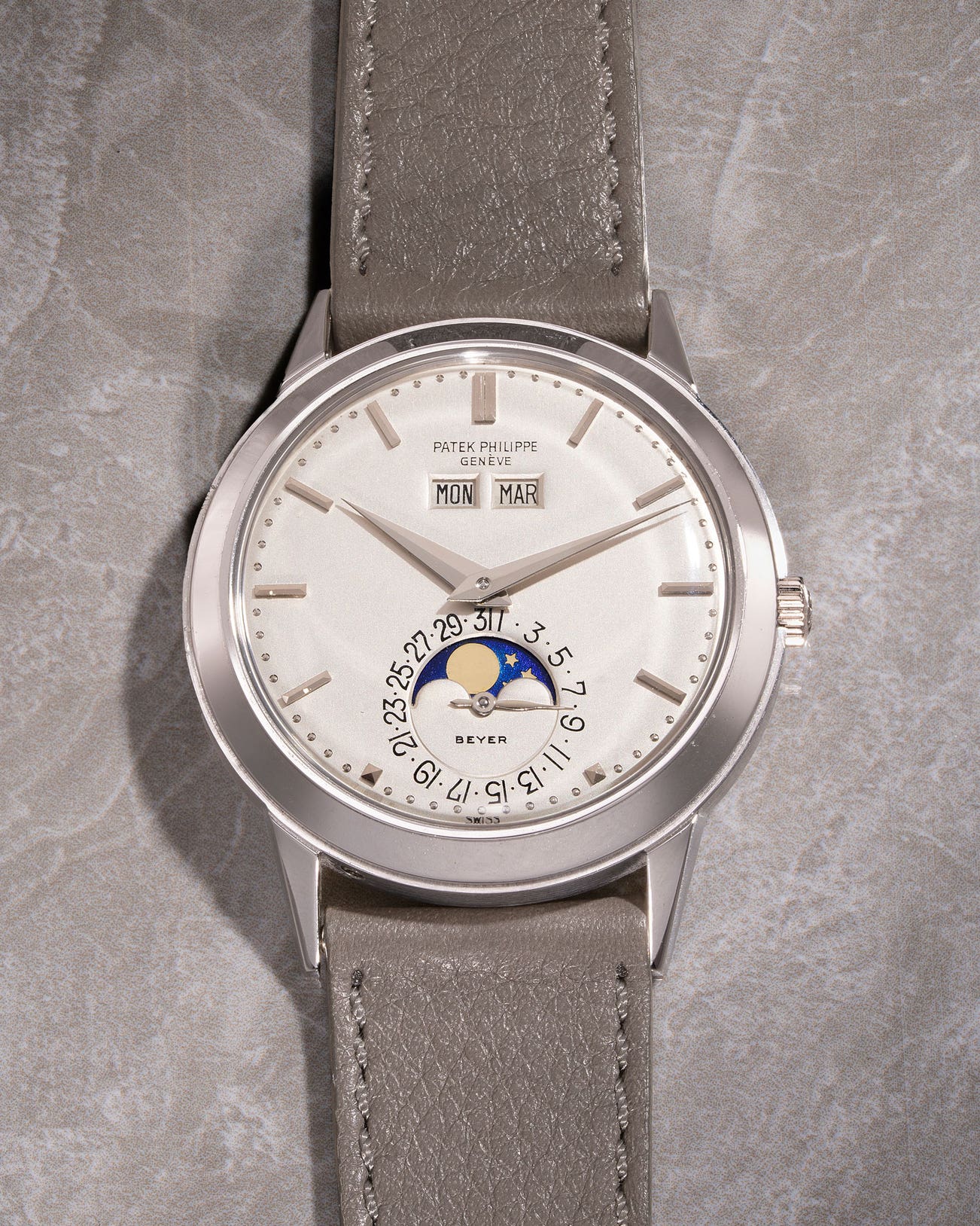 <p><strong>PATEK PHILIPPE</strong> <em>Ref. 3448 Padellone “Tokyo White”</em>, An exceedingly rare, important and fresh-to-the-international-market white gold double-signed perpetual calendar wristwatch with “Topsider” signature, retailed by Beyer – the only known example, HK$6,000,000-12,000,000</p>