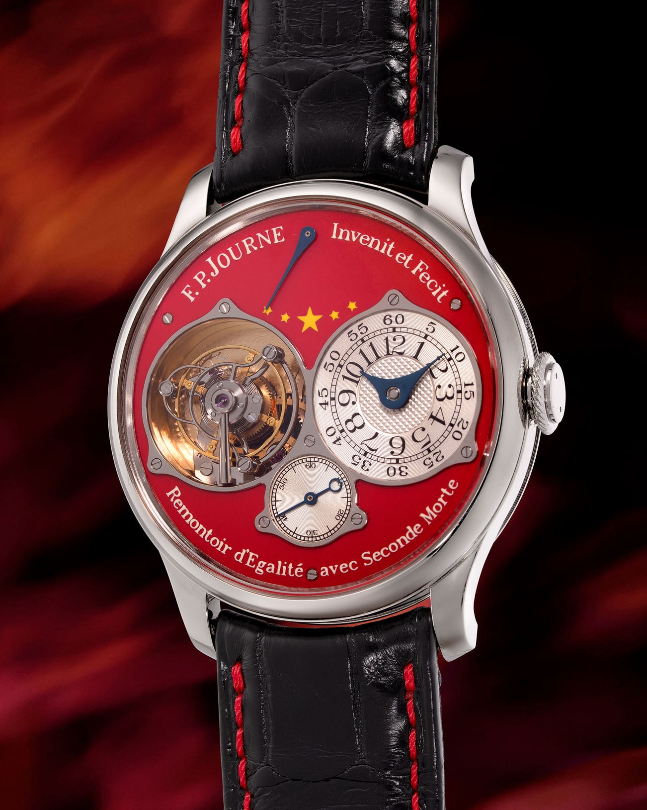 <p><strong>F.P. JOURNE</strong>&nbsp;<em>Tourbillon Souverain, &ldquo;Chine 2010 38&rdquo; in platinum</em>, one of a limited edition of 5 pieces made to commemorate the opening of the F.P. Journe Boutique in Beijing, In excess of HKD7,800,000</p>
