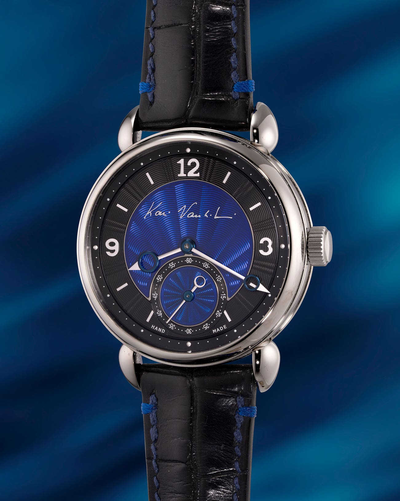 <p><strong>VOUTILAINEN</strong> <em>A possibly unique Vingt-8 in titanium with hand-guilloché blue enamel dial and Kari Voutilainen signature</em>, HK$1,500,000 – 2,500,000</p>