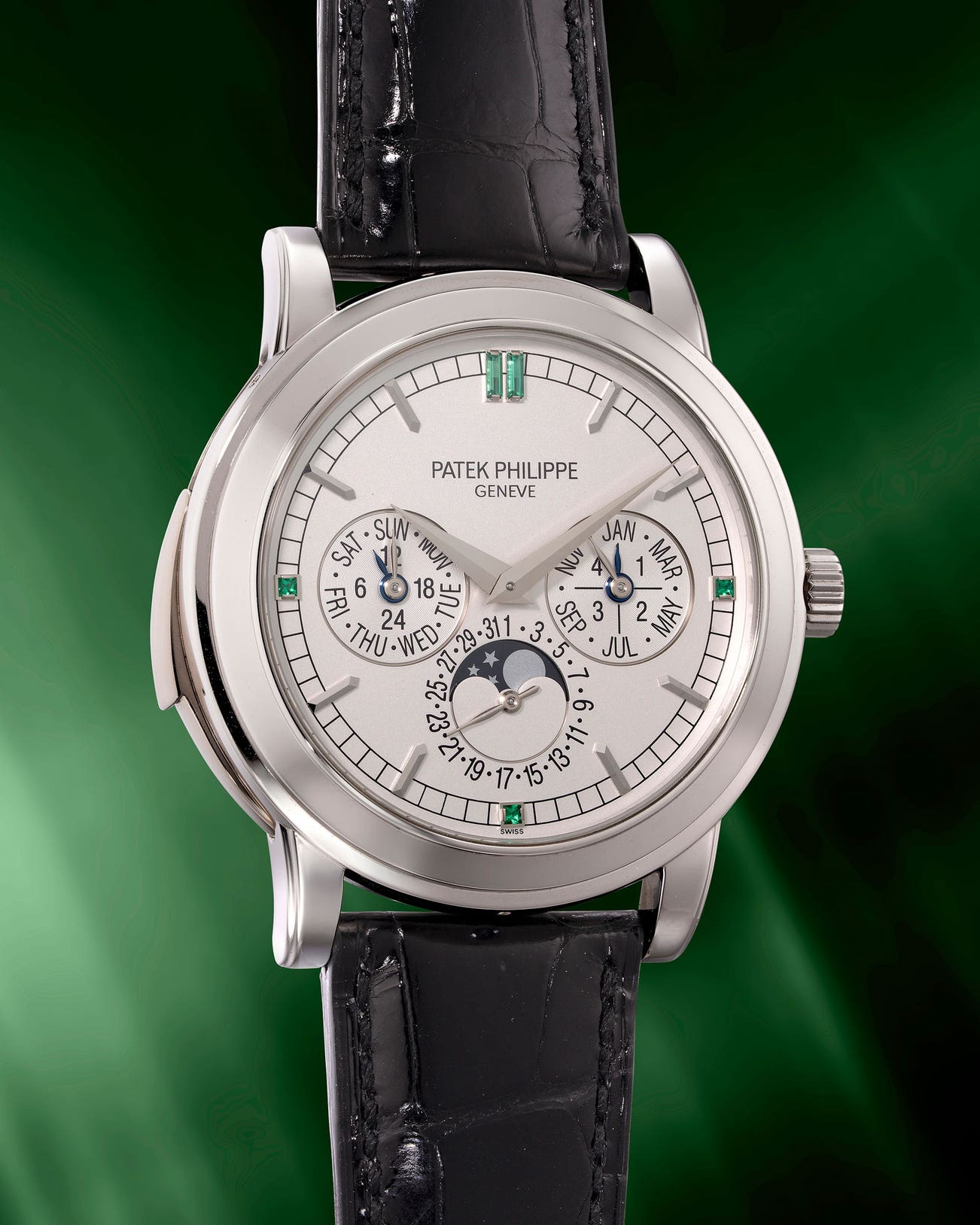 <p><strong>PATEK PHILIPPE</strong> <em>First to appear, possibly unique Ref. 5074P-021 in platinum with emerald-set silvered dial</em>, HK$5,000,000 &ndash; 10,000,000</p>
