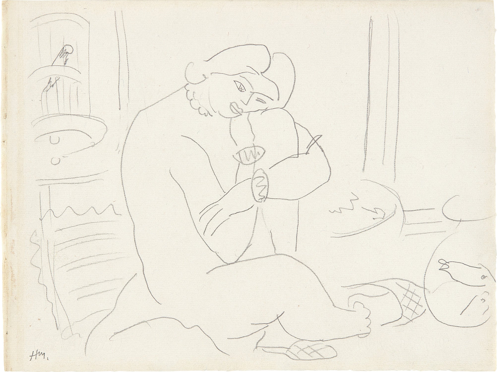 Femme assise au Bocal de Poissons