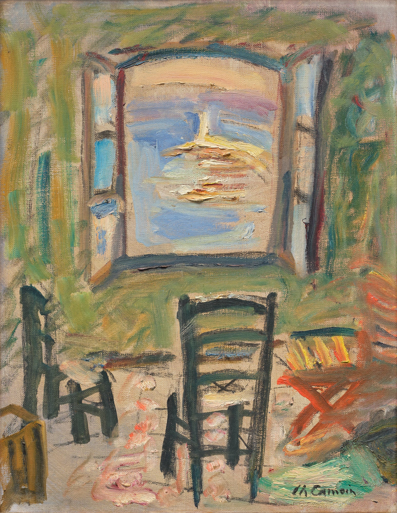 <p><strong>CHARLES CAMOIN</strong> <em>La Fen&ecirc;tre de l'atelier aux deux chaises</em>, $8,0 0 0 - 12 ,0 0 0</p>
