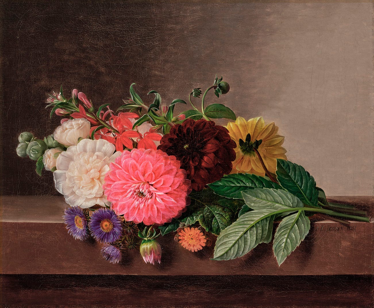 <p><strong>J.L. JENSEN</strong> <em>Dahlias, Asters, and Hollyhock on a Sill (Georginer, asters og stokroser på en karm),</em> $3,000-5,000</p>