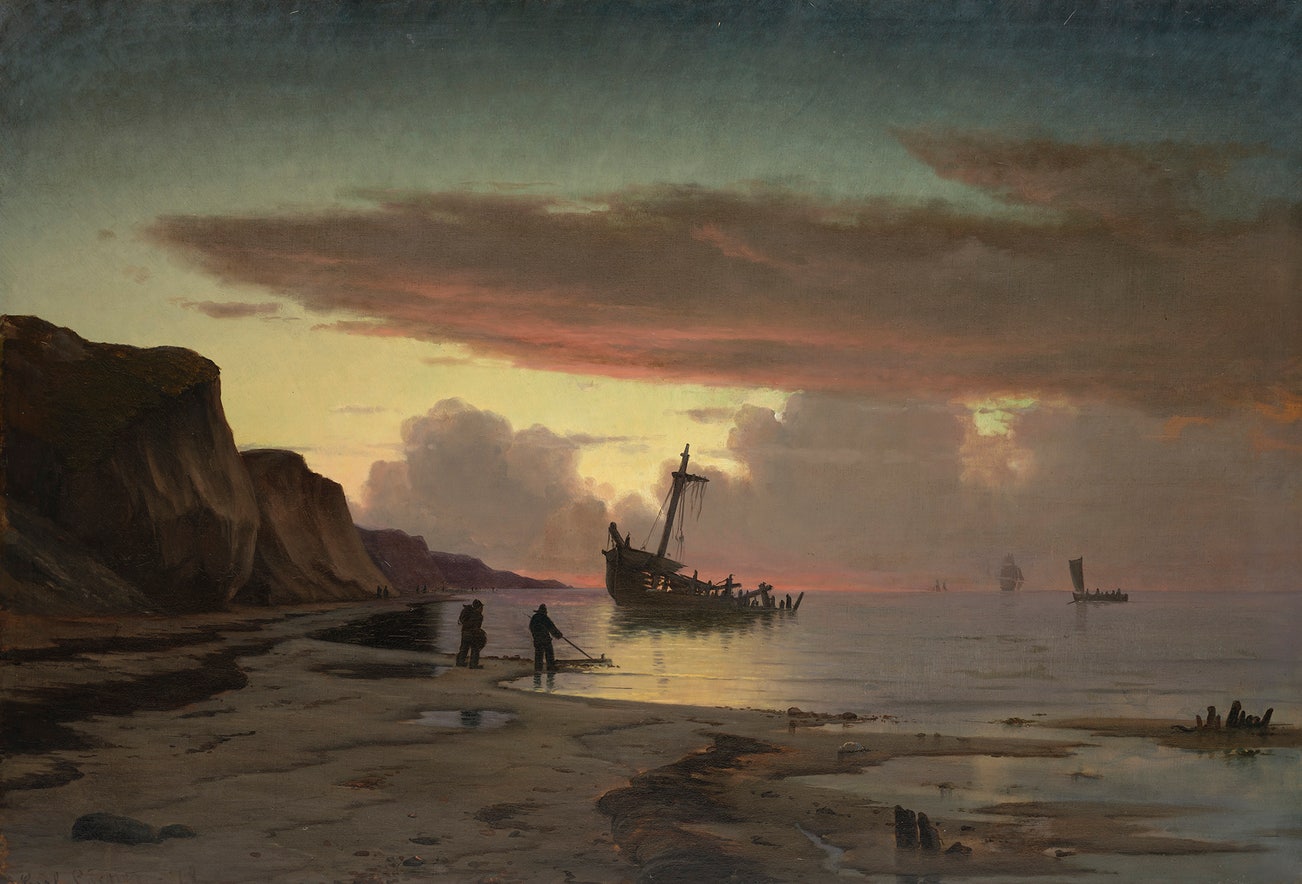 <p><strong>CARL LOCHER</strong> <em>Fishermen by a Wreck Near Kandestederne (Fiskere ved vrag ud for Kandestederne),</em> $5,000-7,000</p>