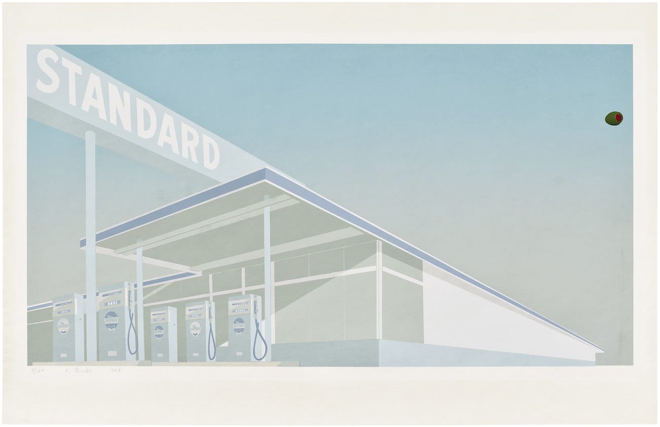 <p><strong>ED RUSCHA</strong> <em>Cheese Mold Standard with Olive (E. 31),</em> 1969</p>