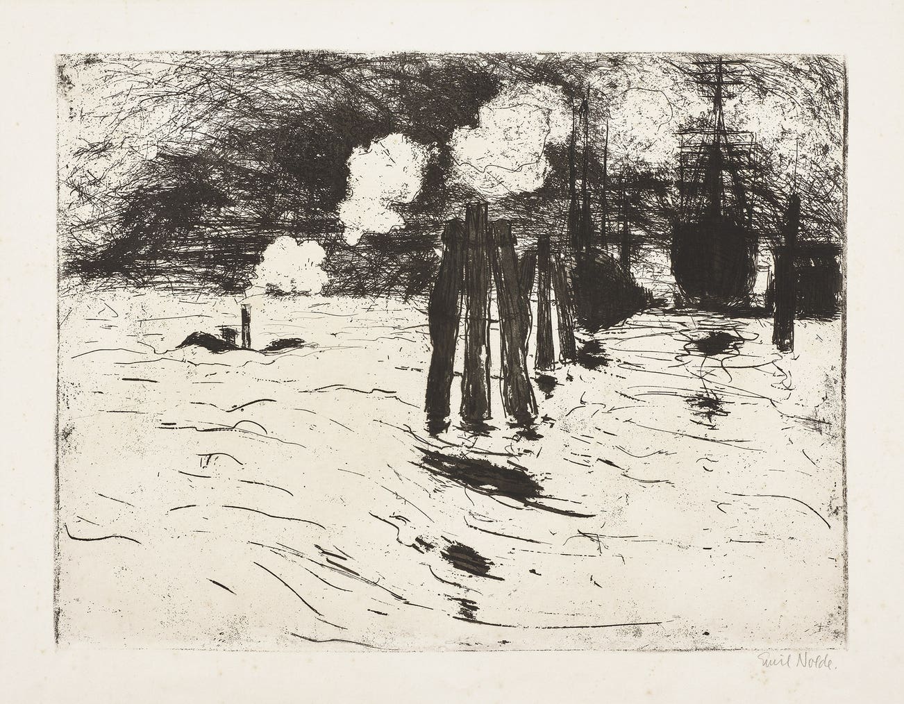<p><strong>EMIL NOLDE<em> </em></strong><em>Hamburg, Schiff im Dock (S. E138), </em>1910</p>