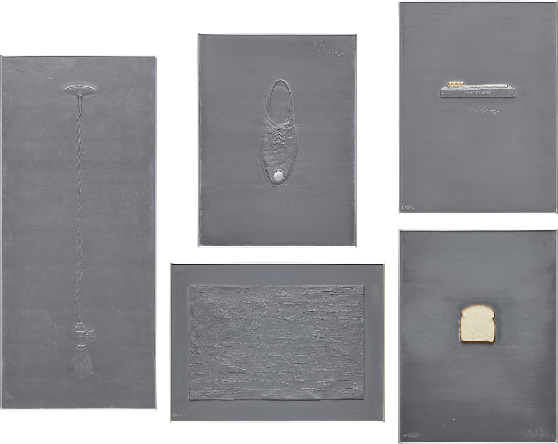 High School Days, The Critic Smiles, Flag, Light Bulb, and Bread, from Lead Reliefs (G. 129-133; ULAE 72-76)